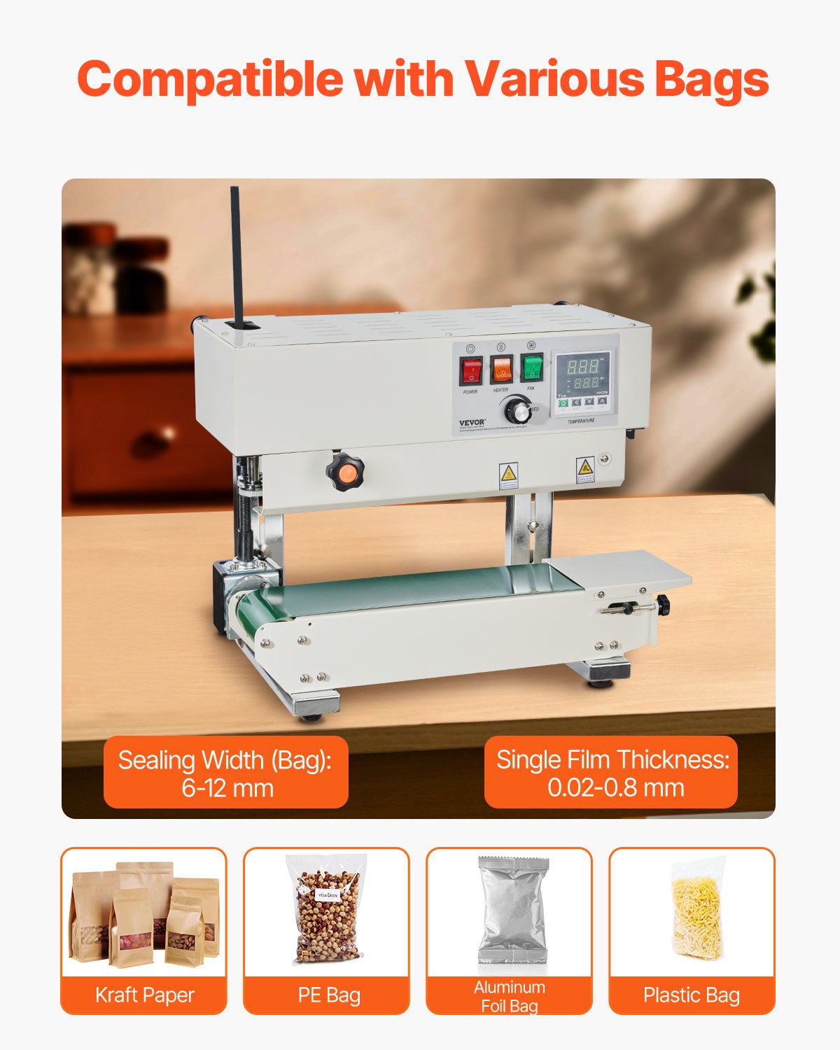 Continuous Bag Band Sealing Machine 6-12mm Digital Temp Control Carbon Steel
