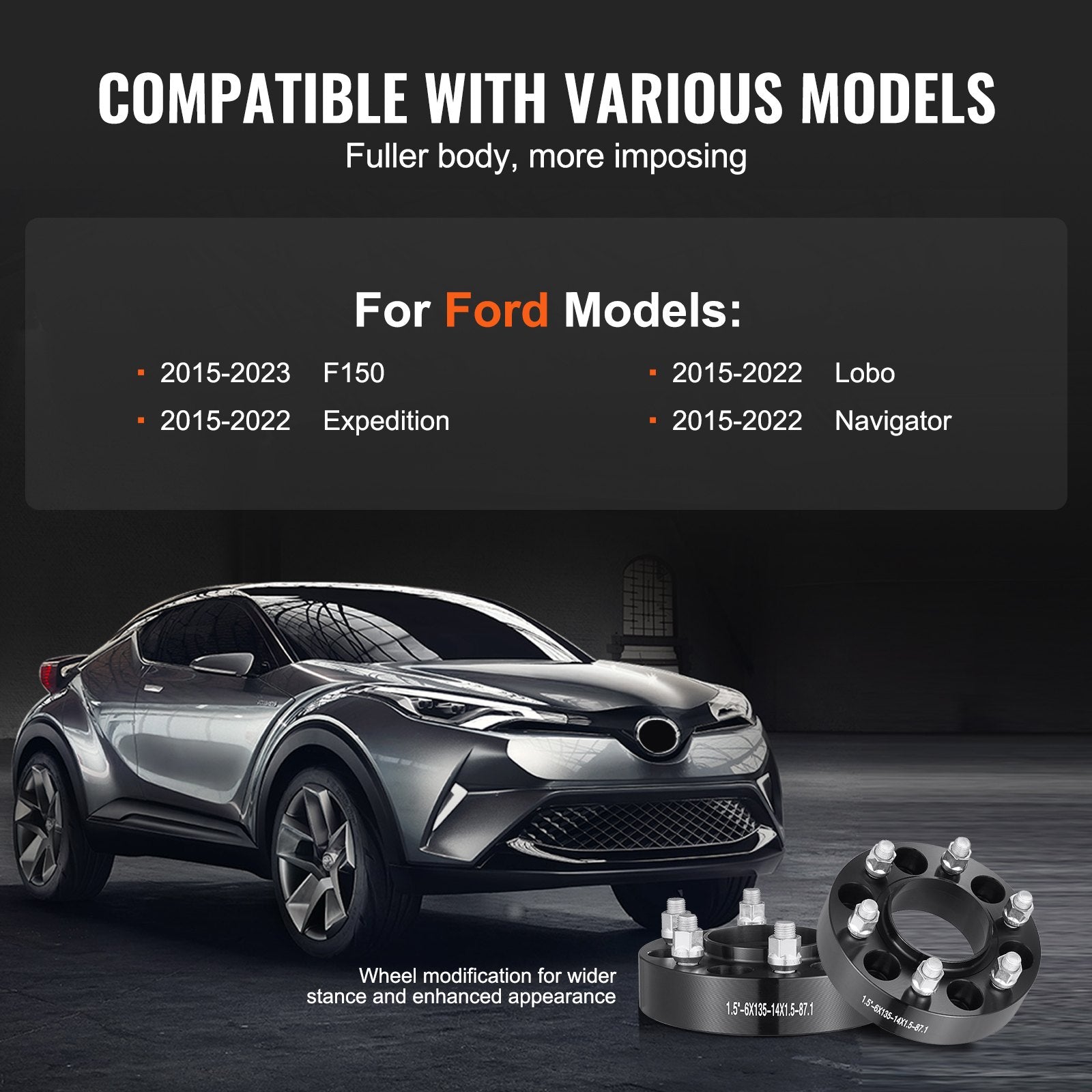 Wheel Spacers 1.5in 6x5.3in 6-Lug Hubcentric M14x1.5 Studs 4PCS Black