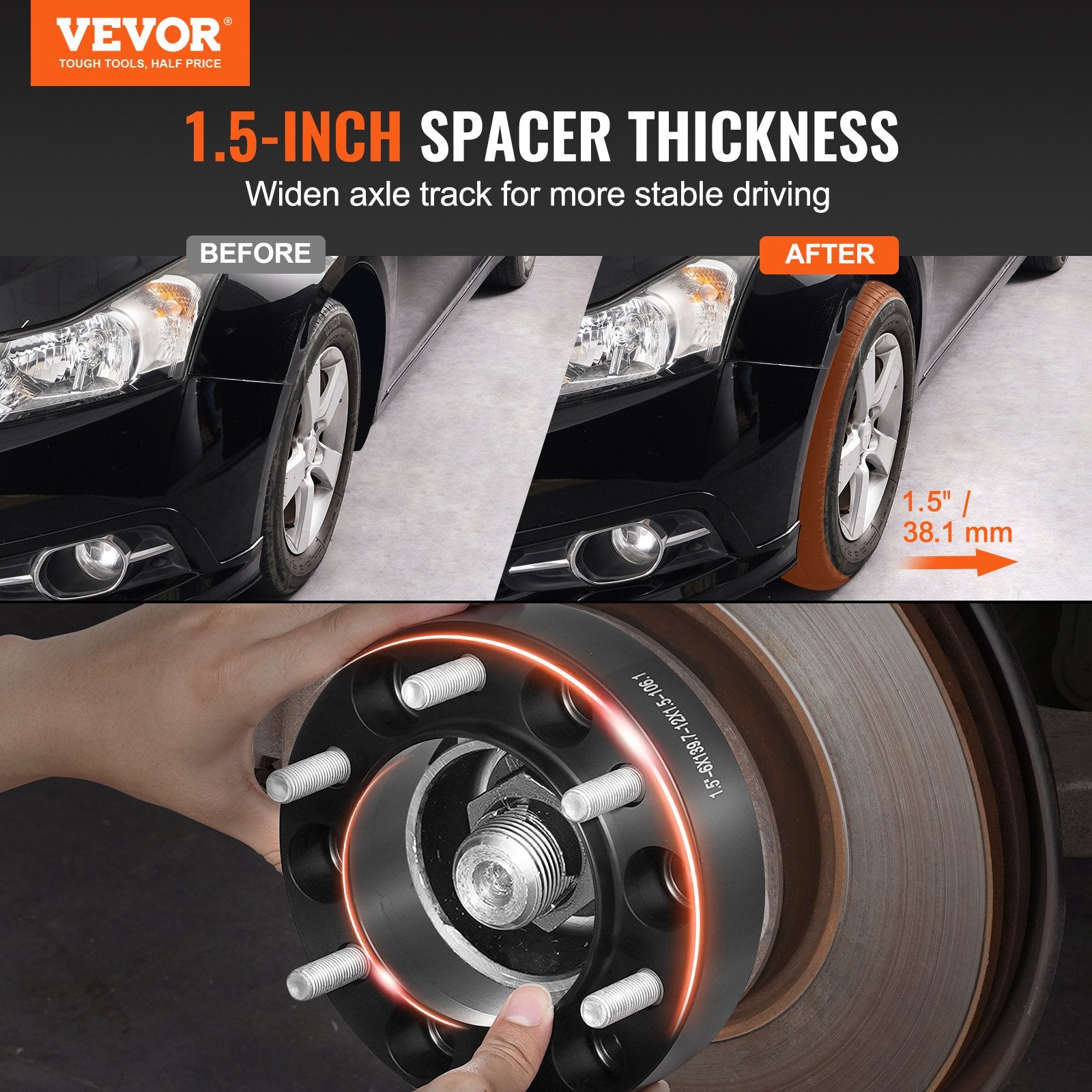 Wheel Spacers 1.5in 6x5.5in 6-Lug Hubcentric M12x1.5 Studs 4PCS Black