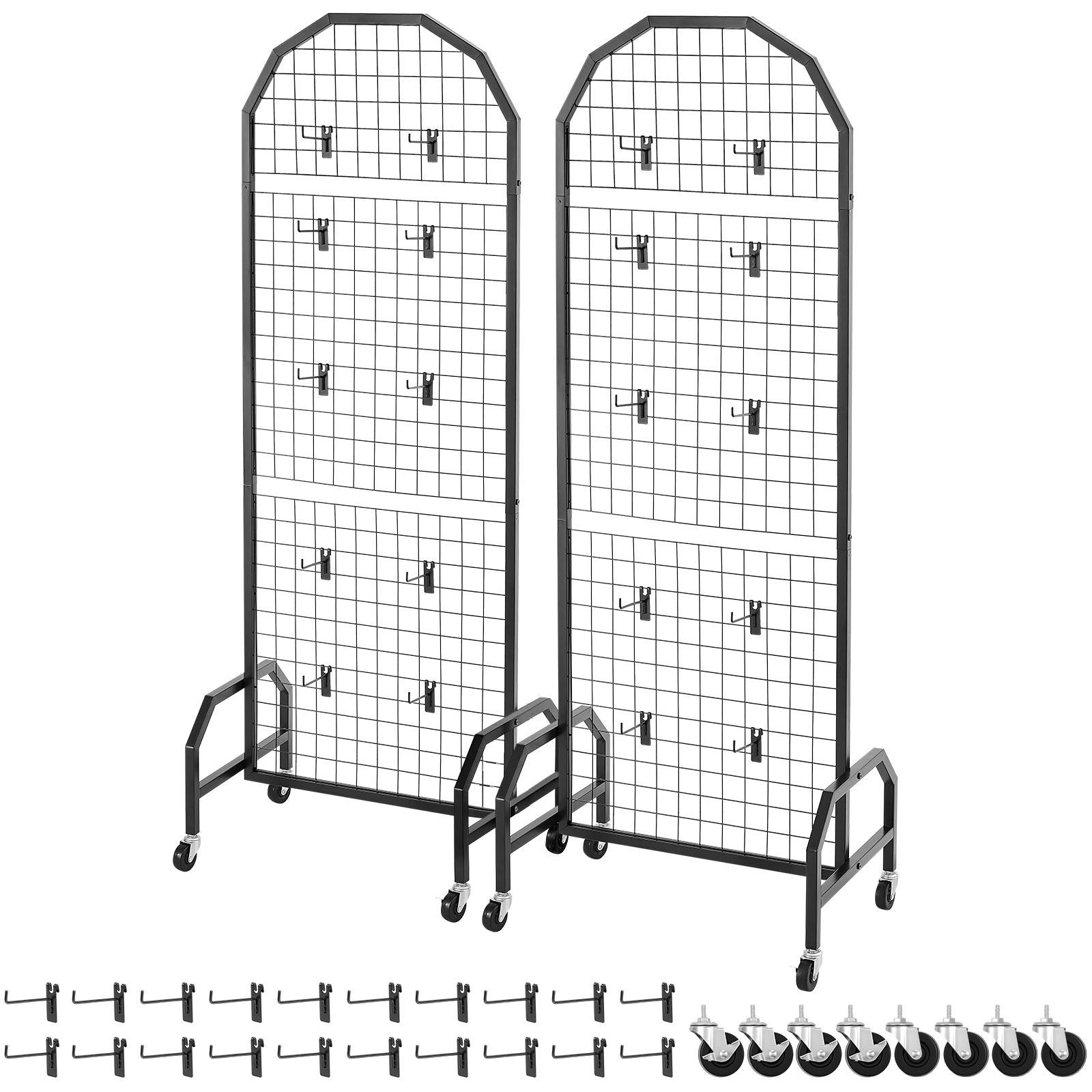 Grid Wall Panels 2-Pack 600x1640mm Display Rack with Wheels Hooks Black Steel