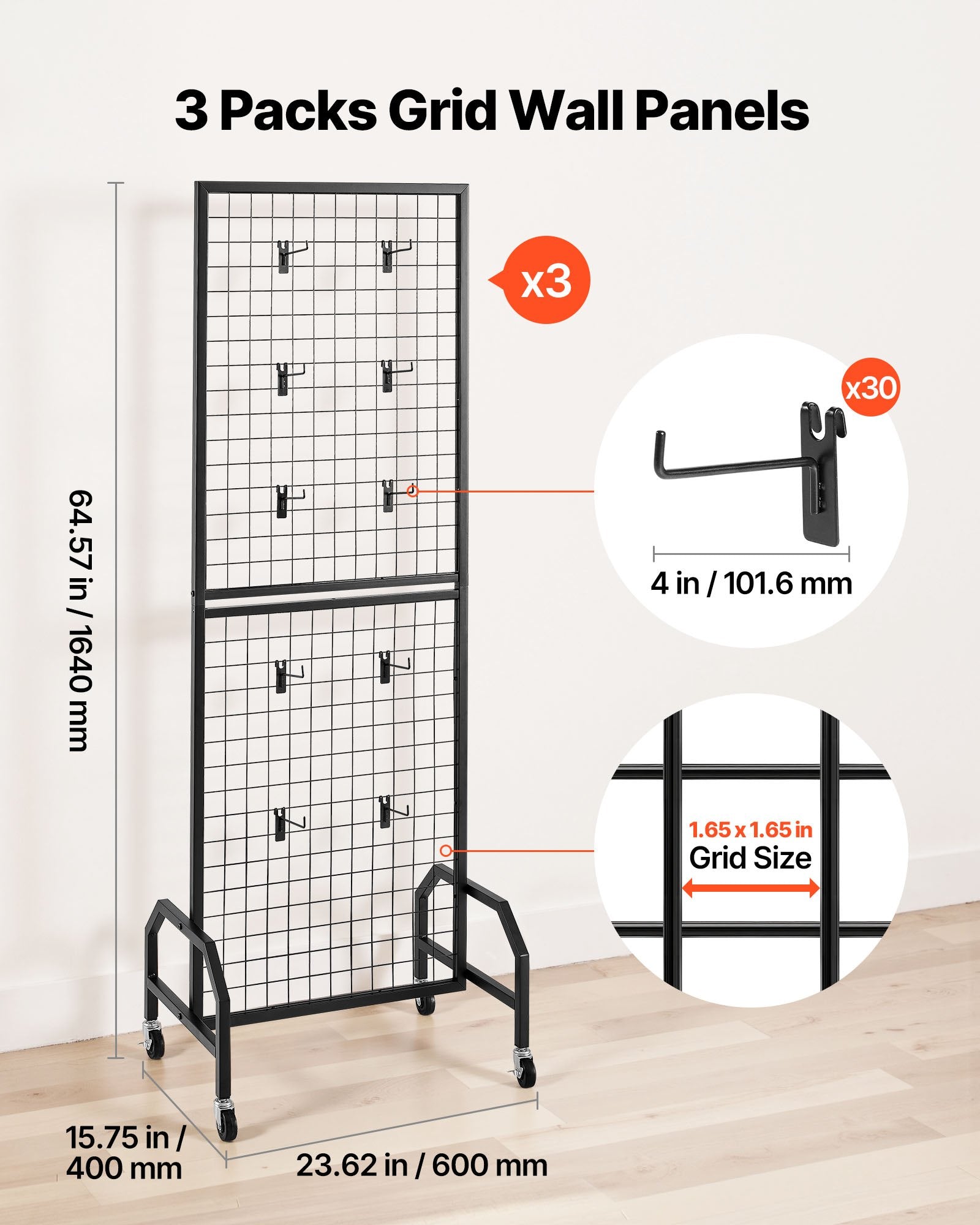 3 Packs Grid Wall Panels 600x1640mm with Wheels & 30 Hooks, Black Carbon Steel