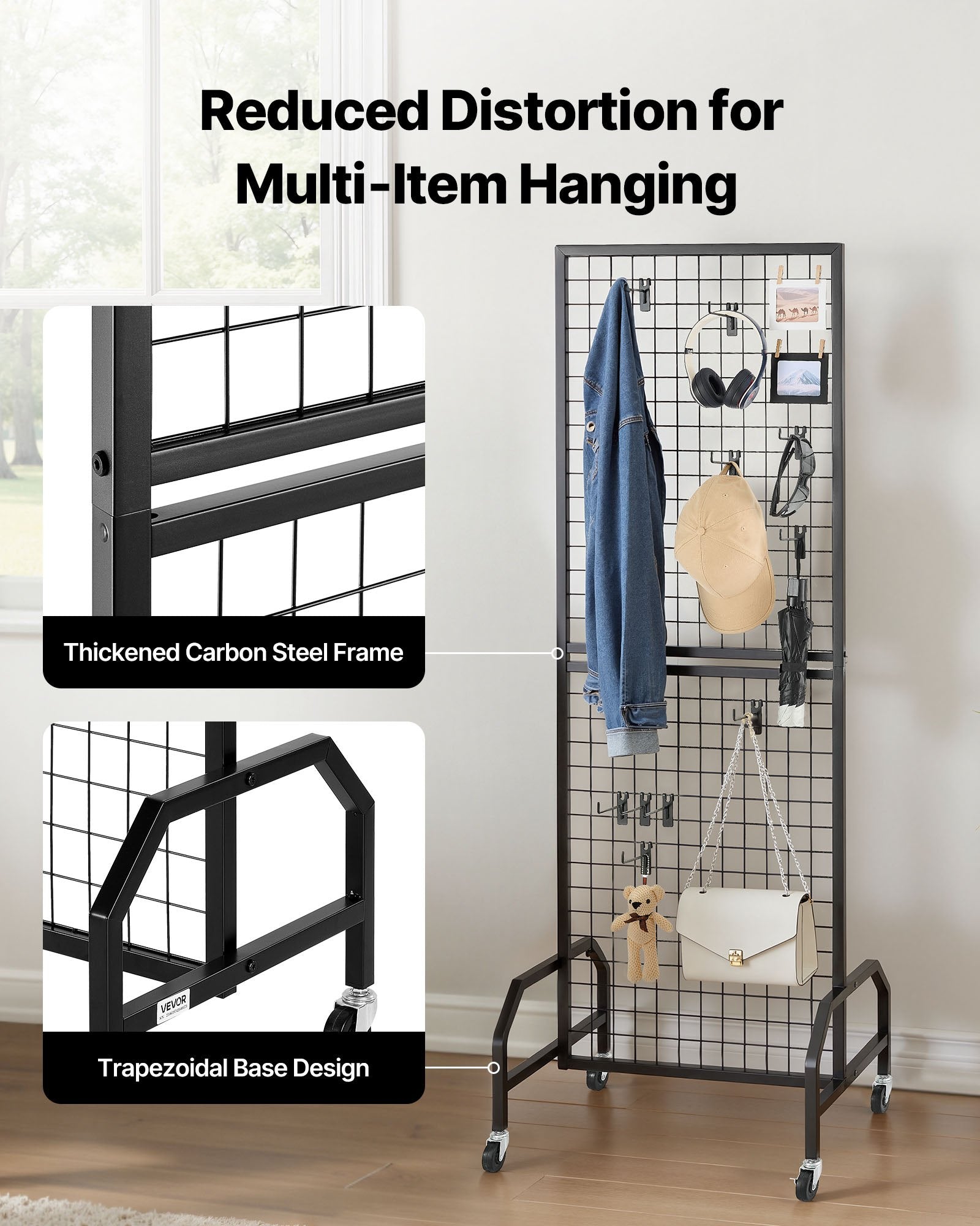 3 Packs Grid Wall Panels 600x1640mm with Wheels & 30 Hooks, Black Carbon Steel