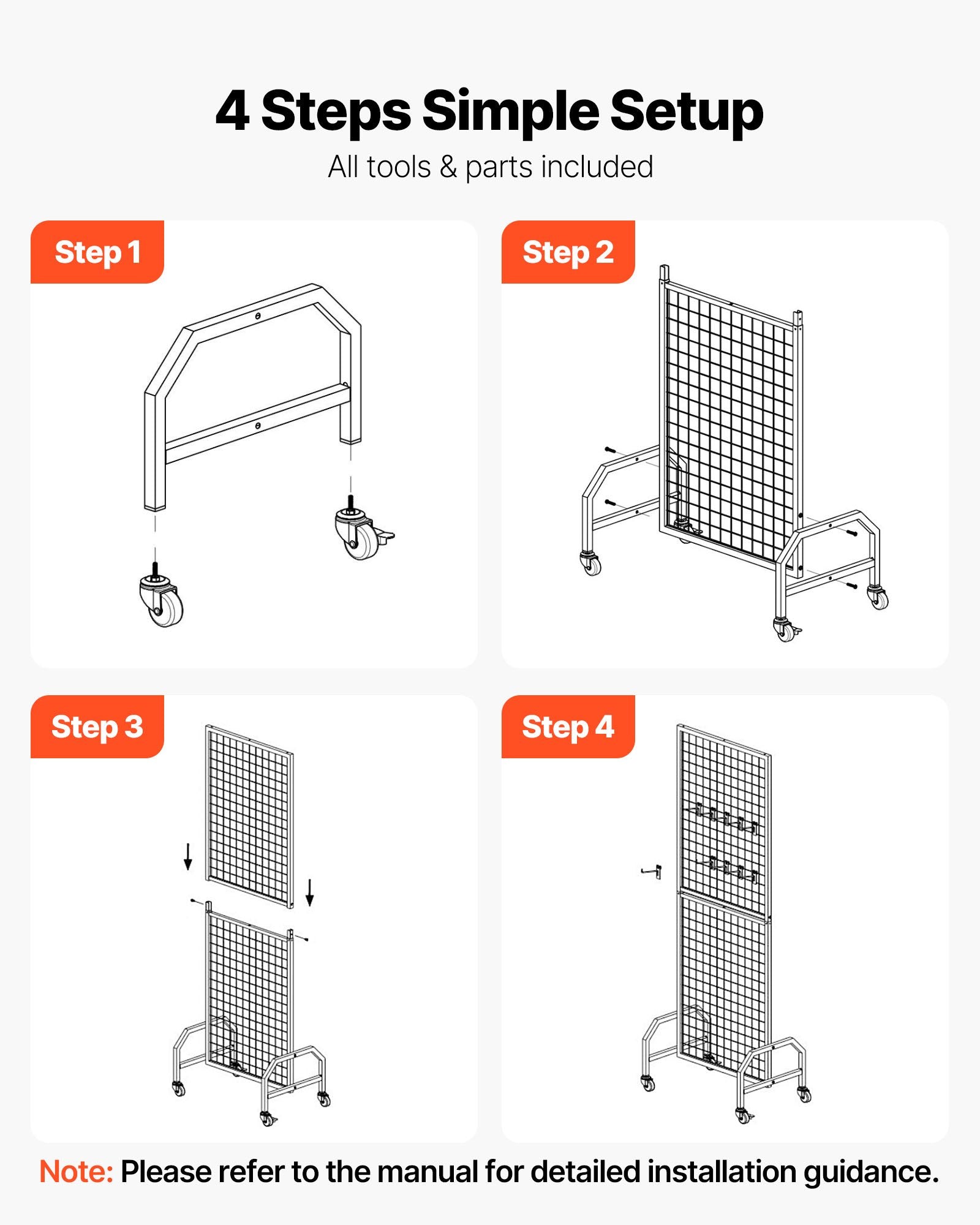 3 Packs Grid Wall Panels 600x1640mm with Wheels & 30 Hooks, Black Carbon Steel