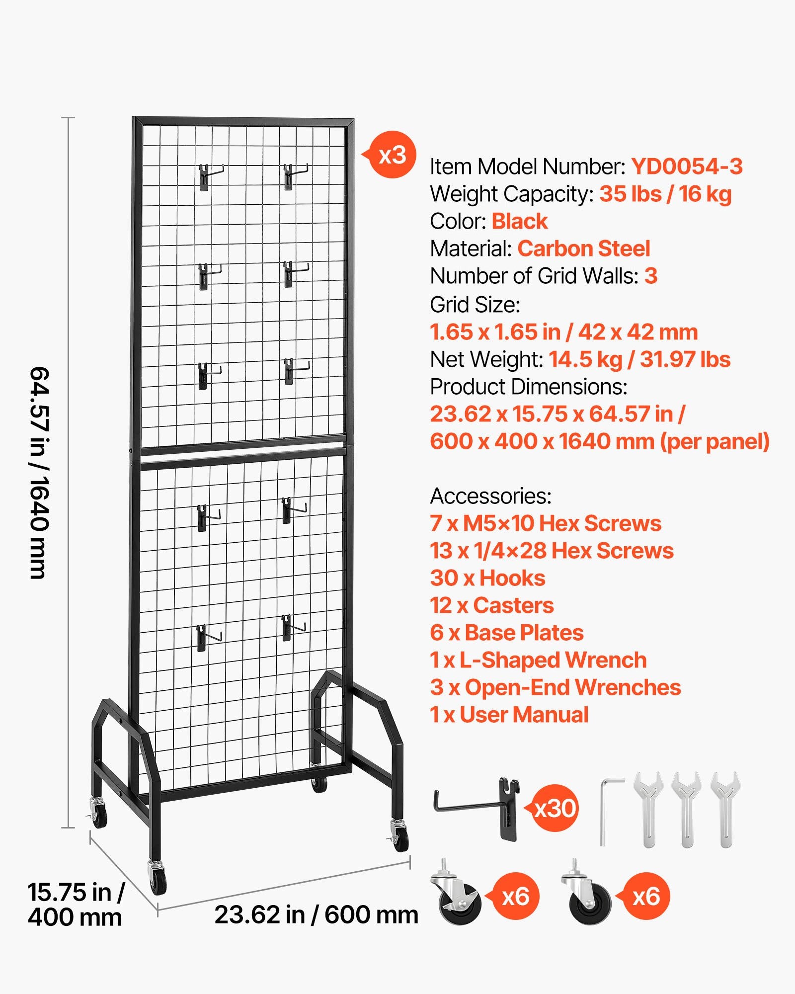 3 Packs Grid Wall Panels 600x1640mm with Wheels & 30 Hooks, Black Carbon Steel