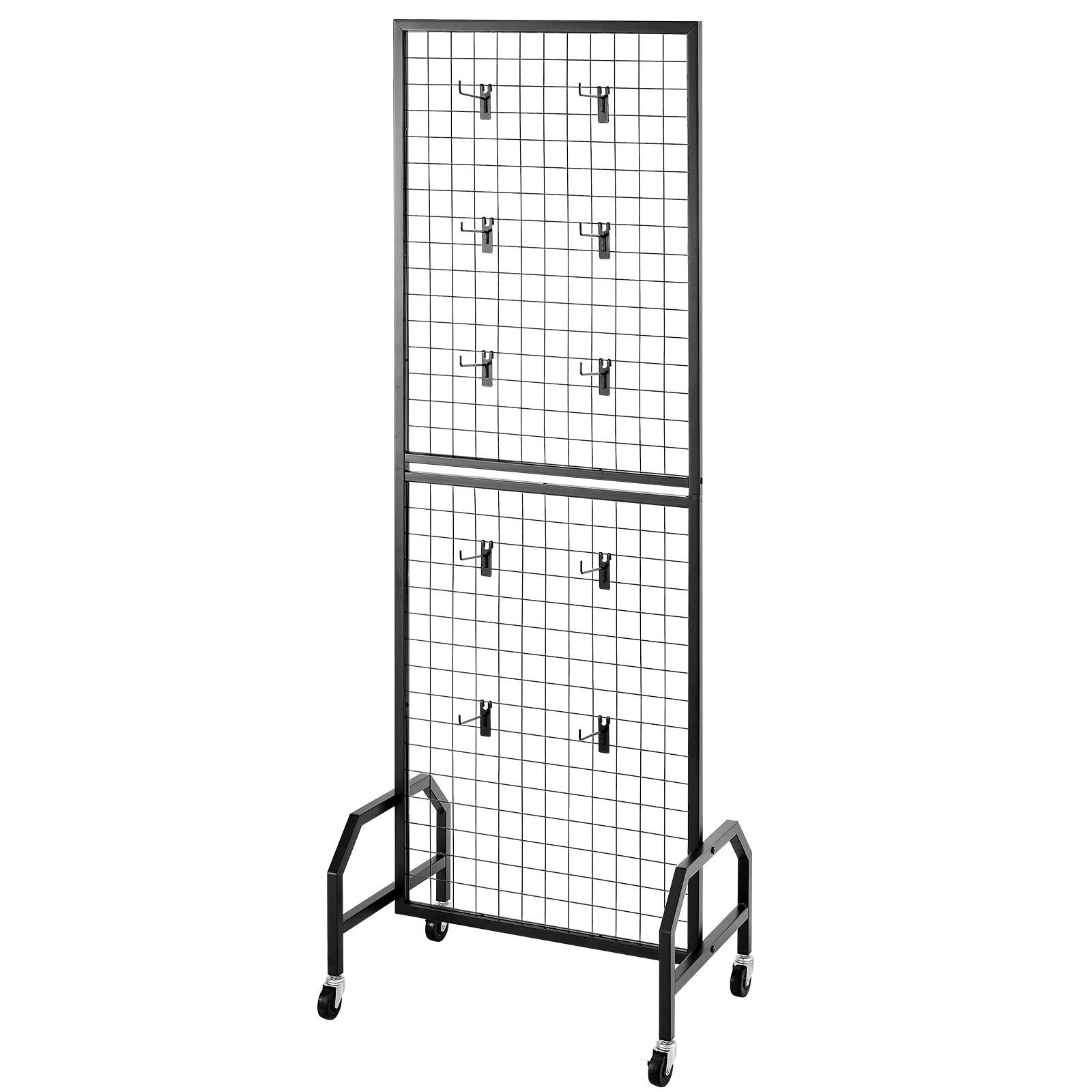 3 Packs Grid Wall Panels 600x1640mm with Wheels & 30 Hooks, Black Carbon Steel