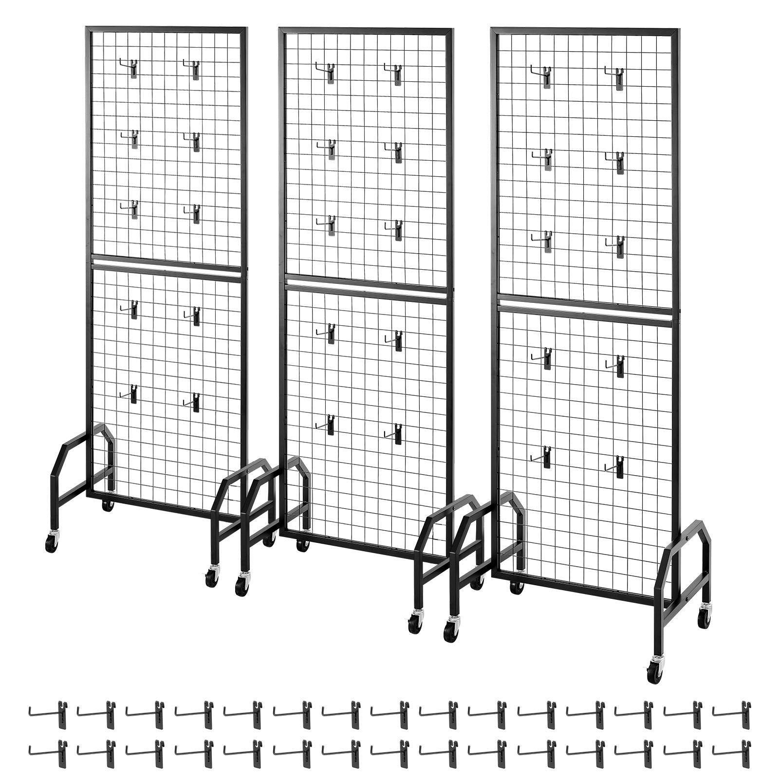 3 Packs Grid Wall Panels 600x1640mm with Wheels & 30 Hooks, Black Carbon Steel
