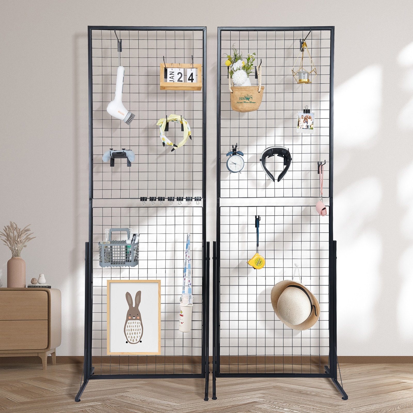 Grid Wall Panels Tower 2x5.6ft 2-Pack Double-Side Display Racks with Clips Hooks