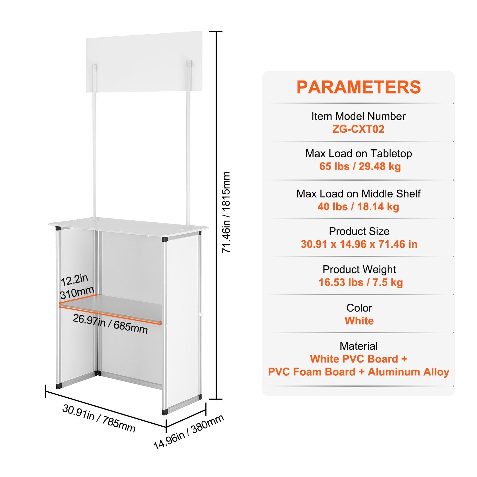 Portable Tradeshow Podium Table Foldable Exhibition Counter with Storage White