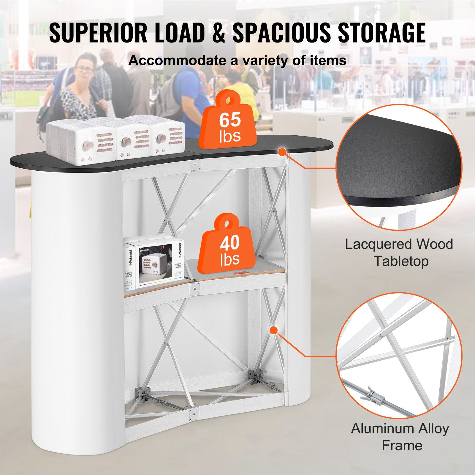 Portable Tradeshow Podium Table Foldable Exhibition Counter with Storage Black