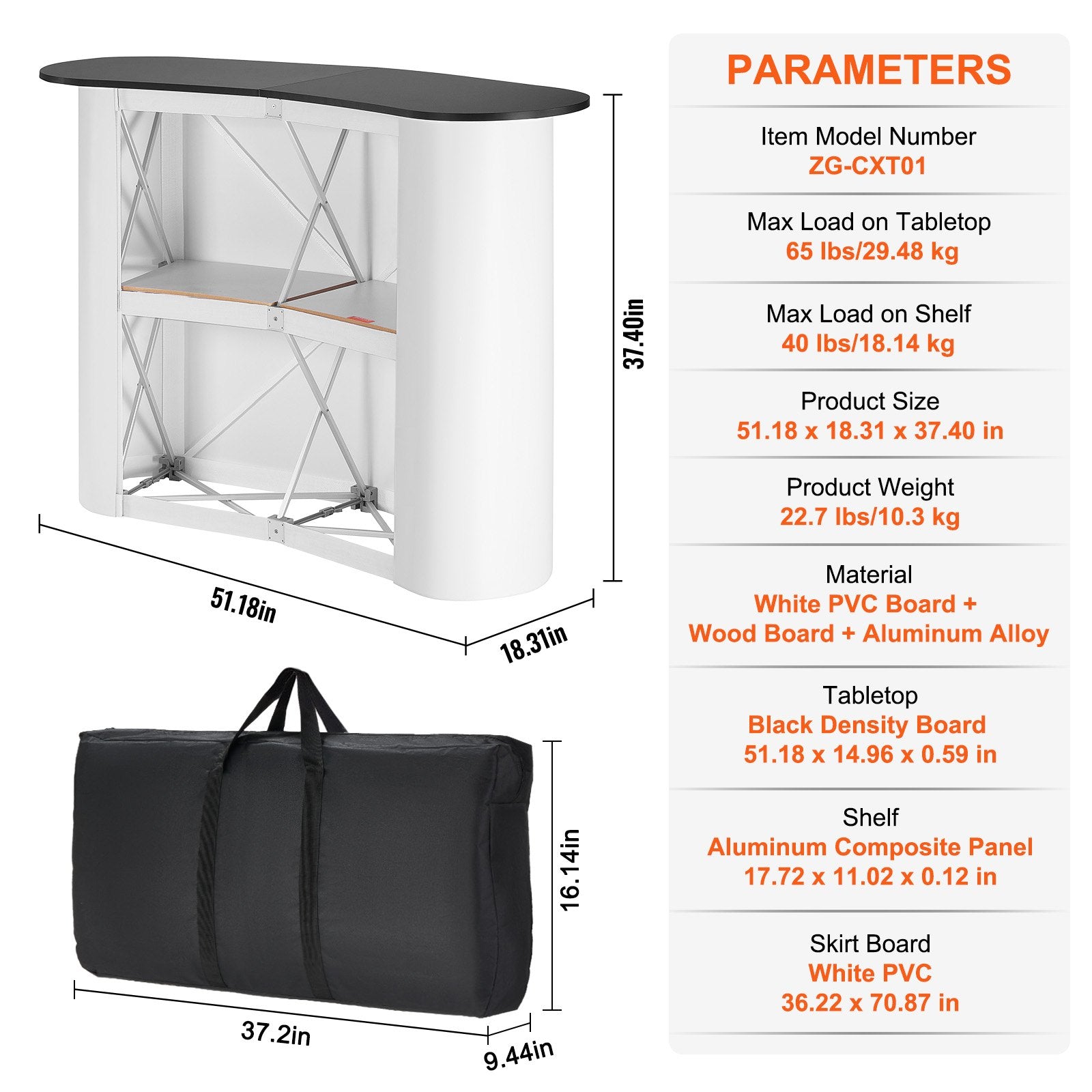 Portable Tradeshow Podium Table Foldable Exhibition Counter with Storage Black