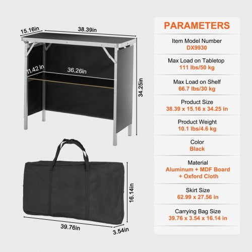 VEVOR Folding Portable Bar Table 38.39x15.16x34.25 in with Carrying Case Skirt