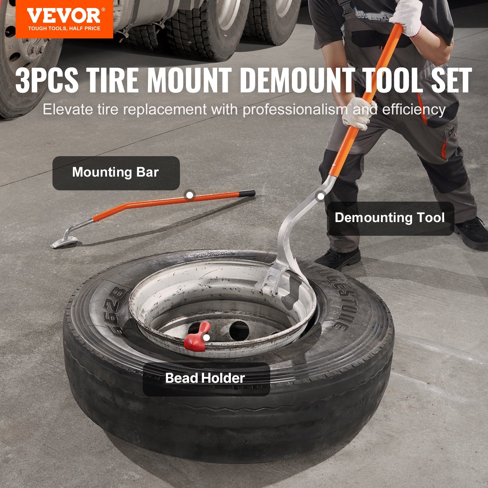 Manual Tire Mount Demount Tool 571–622 mm with Bead Holder, 3 PCS Steel Set
