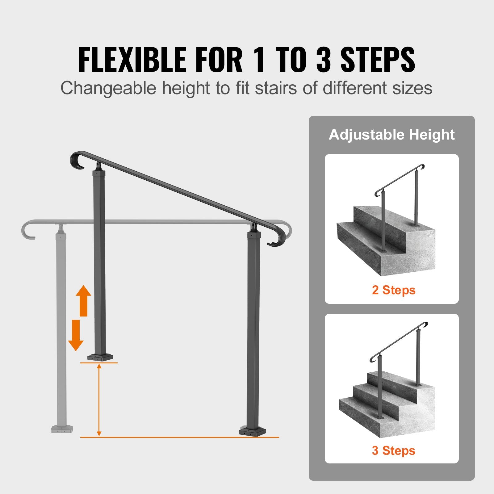 Wrought Iron Handrail Stair Railing Adjustable Fit 2 Steps
