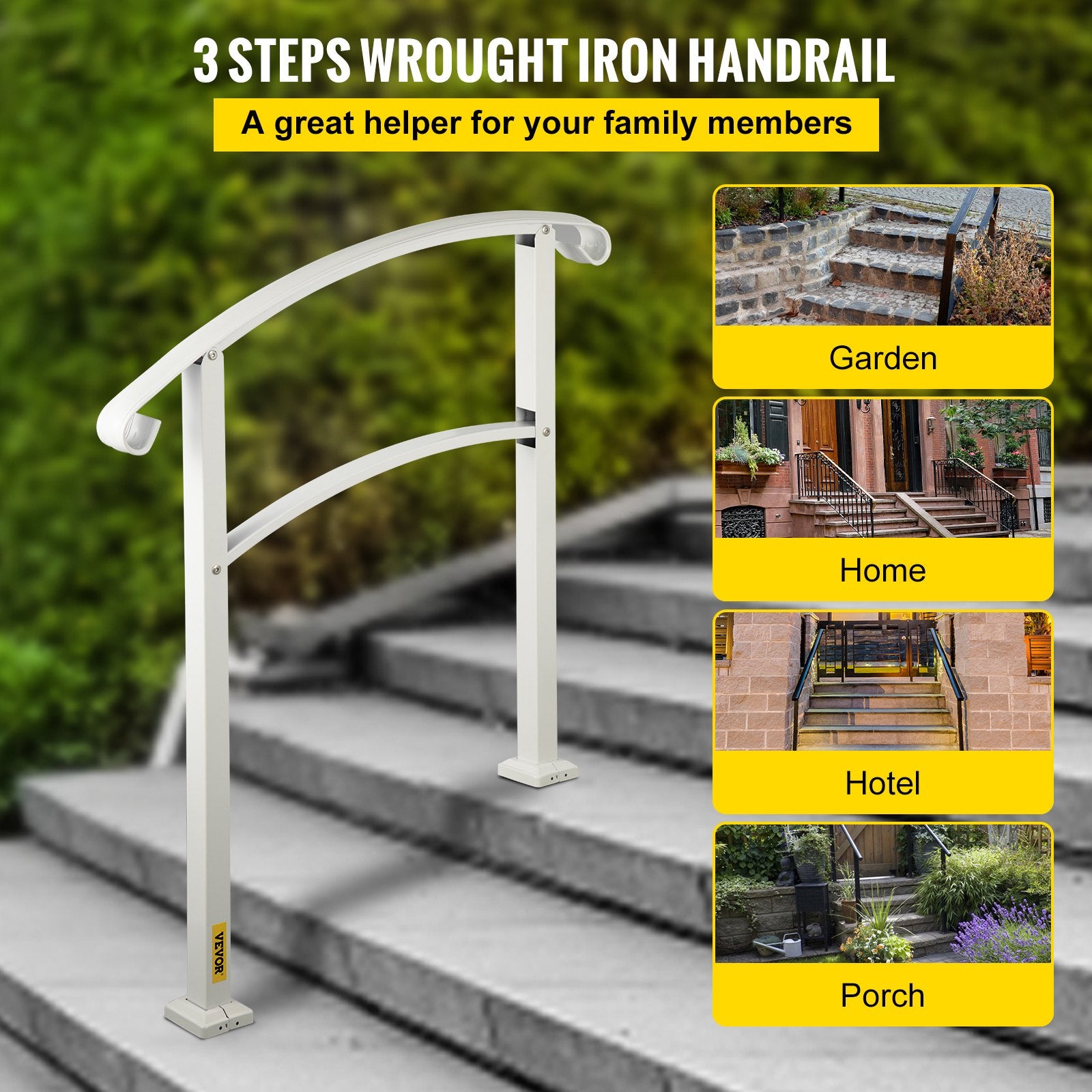 3-Step Handrails for Outdoor Steps Matte White Wrought Iron Stair Rail with Kit