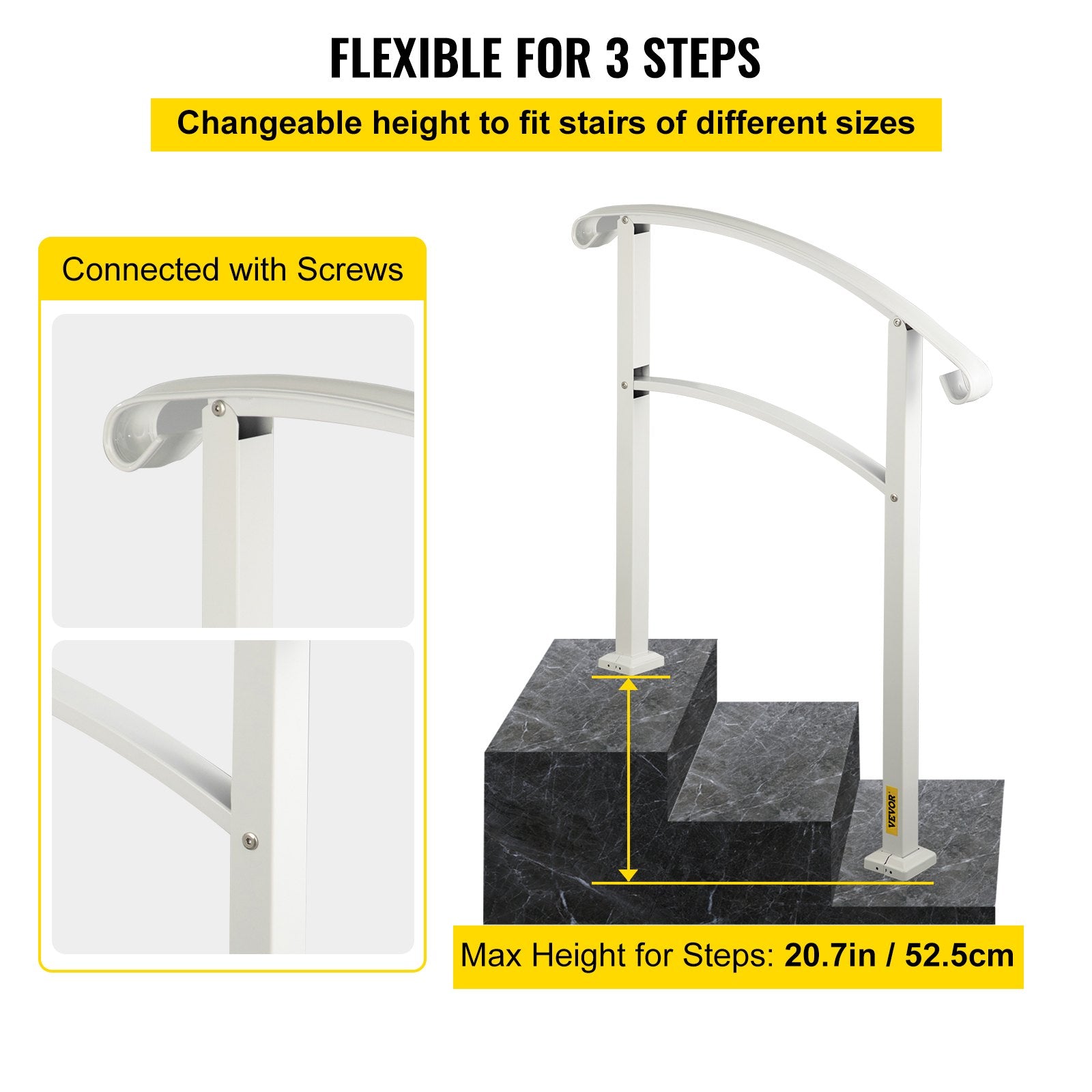 3-Step Handrails for Outdoor Steps Matte White Wrought Iron Stair Rail with Kit