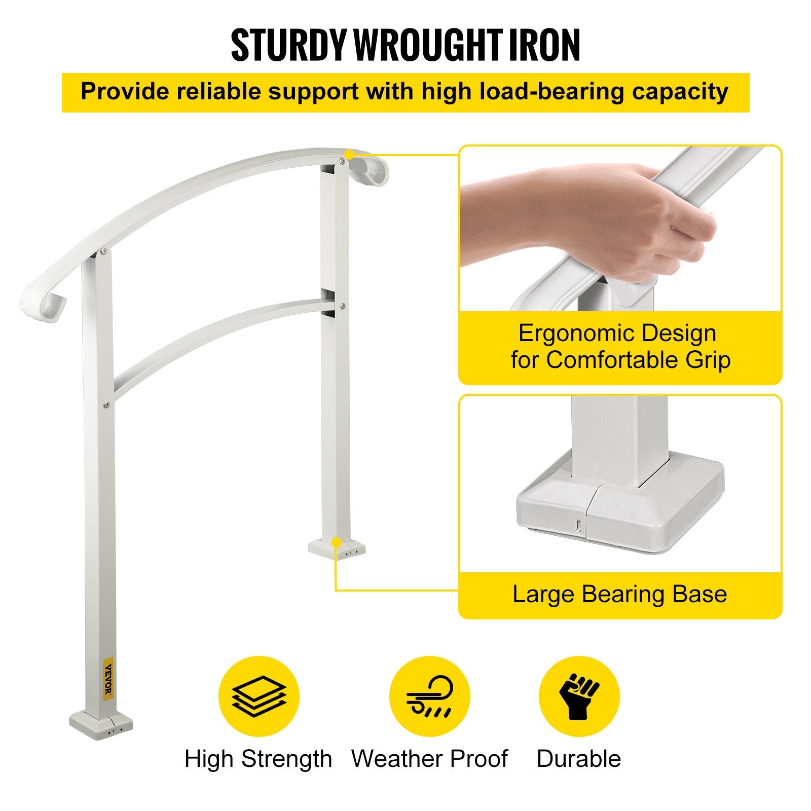 3-Step Handrails for Outdoor Steps Matte White Wrought Iron Stair Rail with Kit