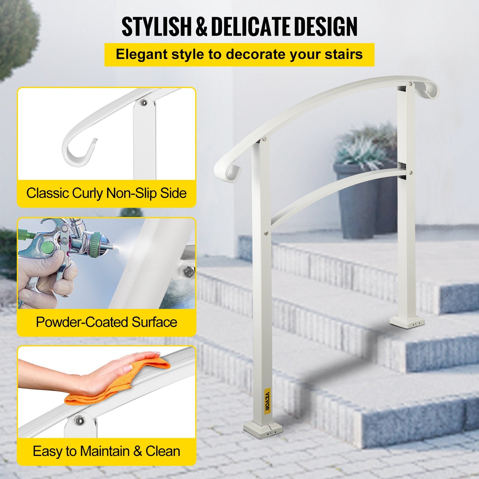3-Step Handrails for Outdoor Steps Matte White Wrought Iron Stair Rail with Kit