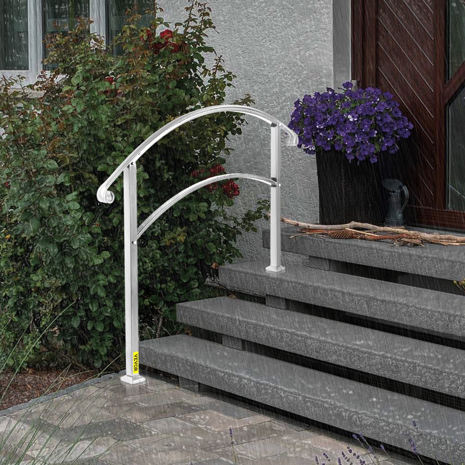 3-Step Handrails for Outdoor Steps Matte White Wrought Iron Stair Rail with Kit