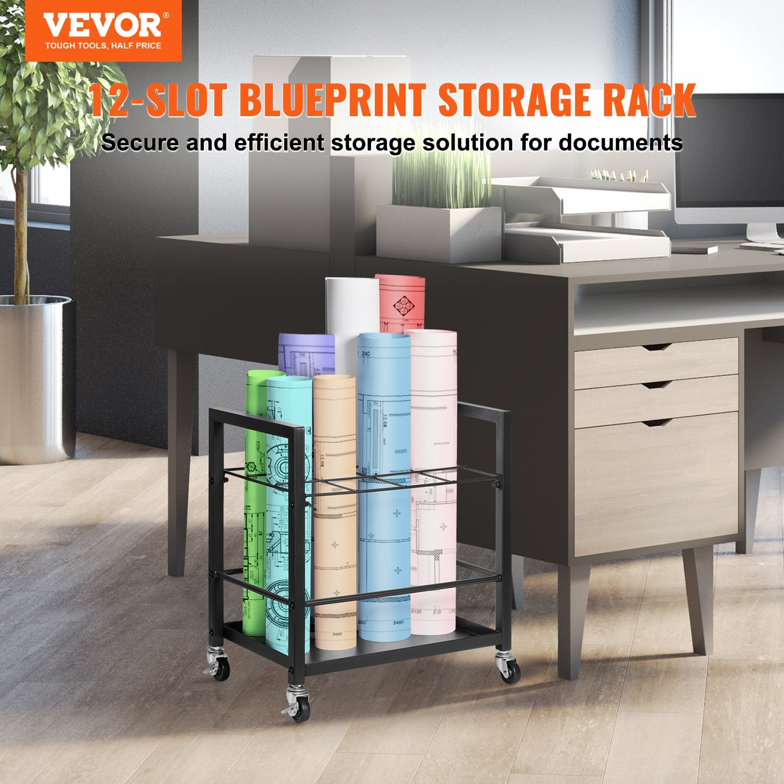 Blueprint Storage Rack 12-Slot Mobile Metal Holder with Wheels for Maps Posters