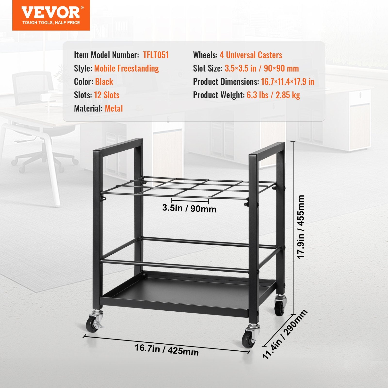 Blueprint Storage Rack 12-Slot Mobile Metal Holder with Wheels for Maps Posters