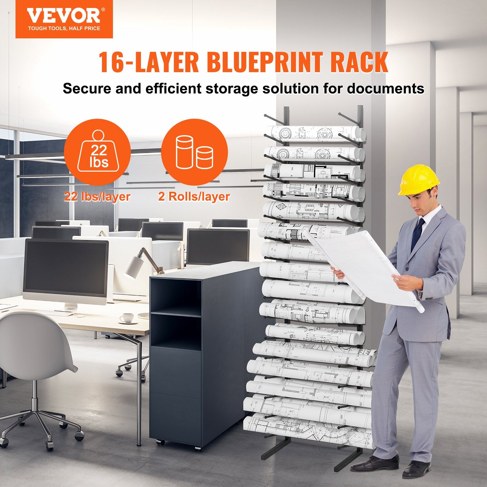 Blueprint Storage Rack 16-Tier Hanging Poster Holder 2 Rolls per Tier Vertical