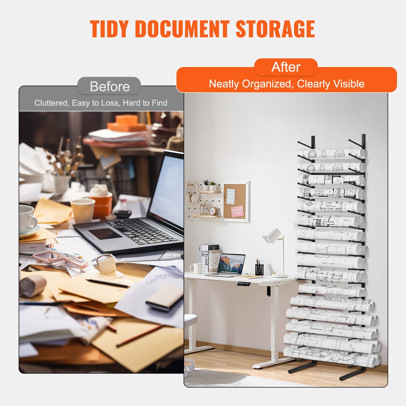 Blueprint Storage Rack 16-Tier Hanging Poster Holder 2 Rolls per Tier Vertical
