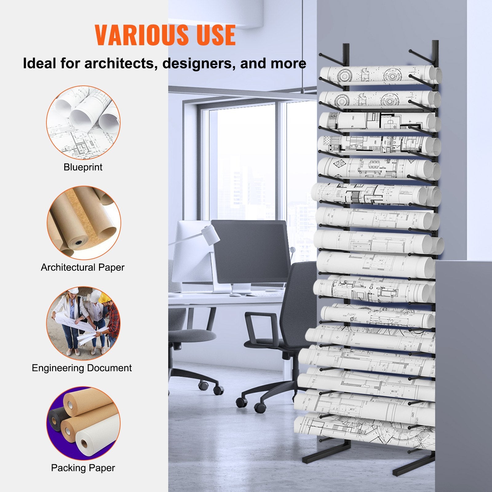 Blueprint Storage Rack 16-Tier Hanging Poster Holder 2 Rolls per Tier Vertical