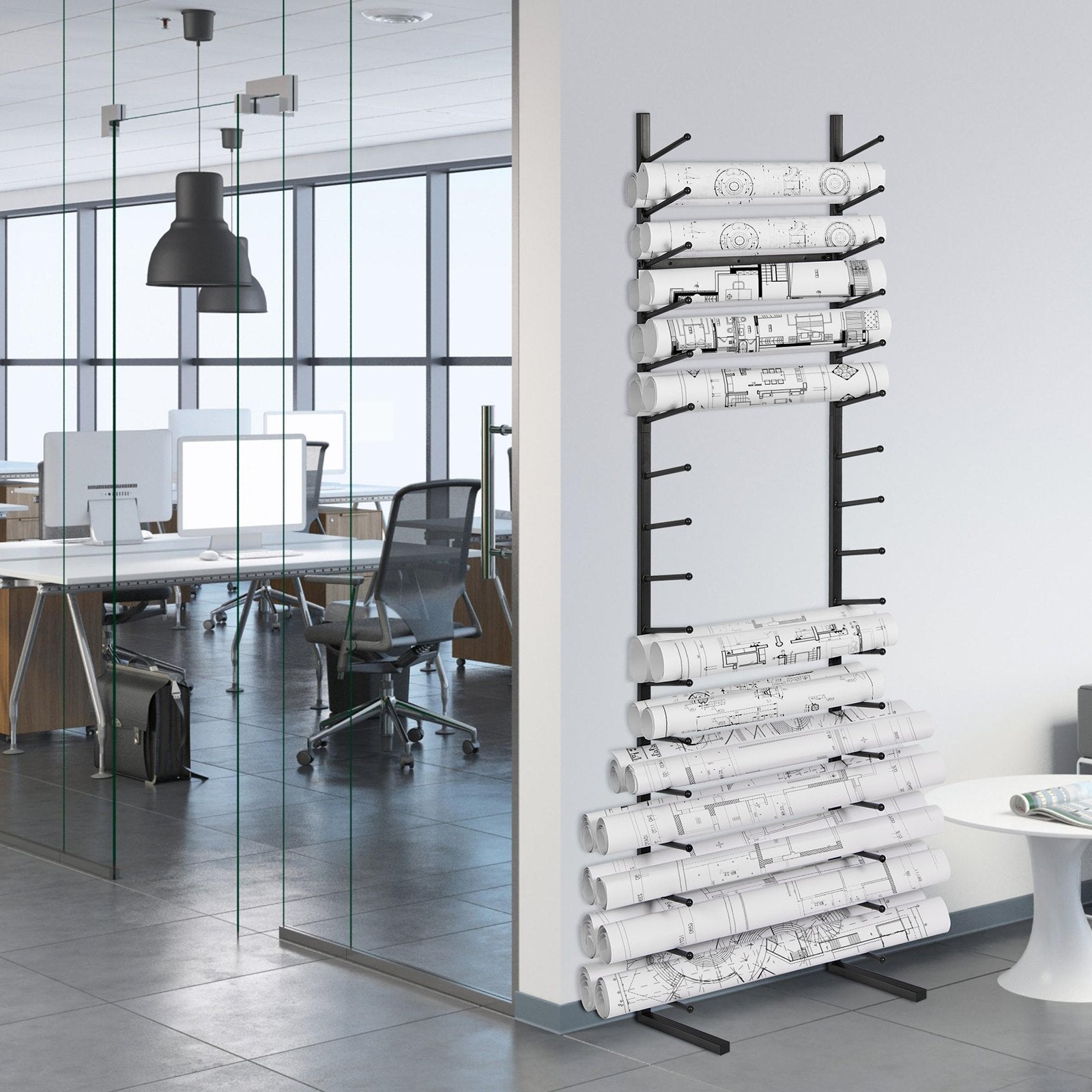 Blueprint Storage Rack 16-Tier Hanging Poster Holder 2 Rolls per Tier Vertical