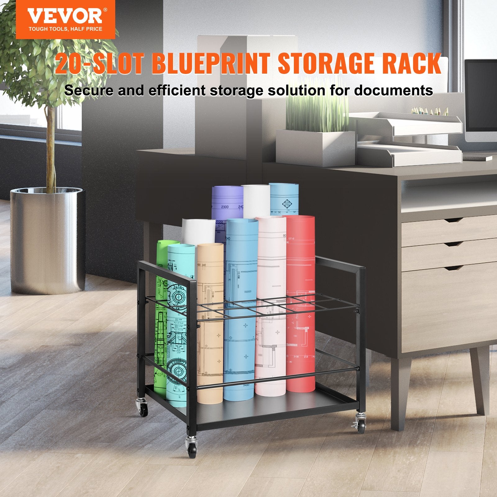 Blueprint Storage Rack 20-Slot Mobile Metal Holder with Wheels for Maps Posters
