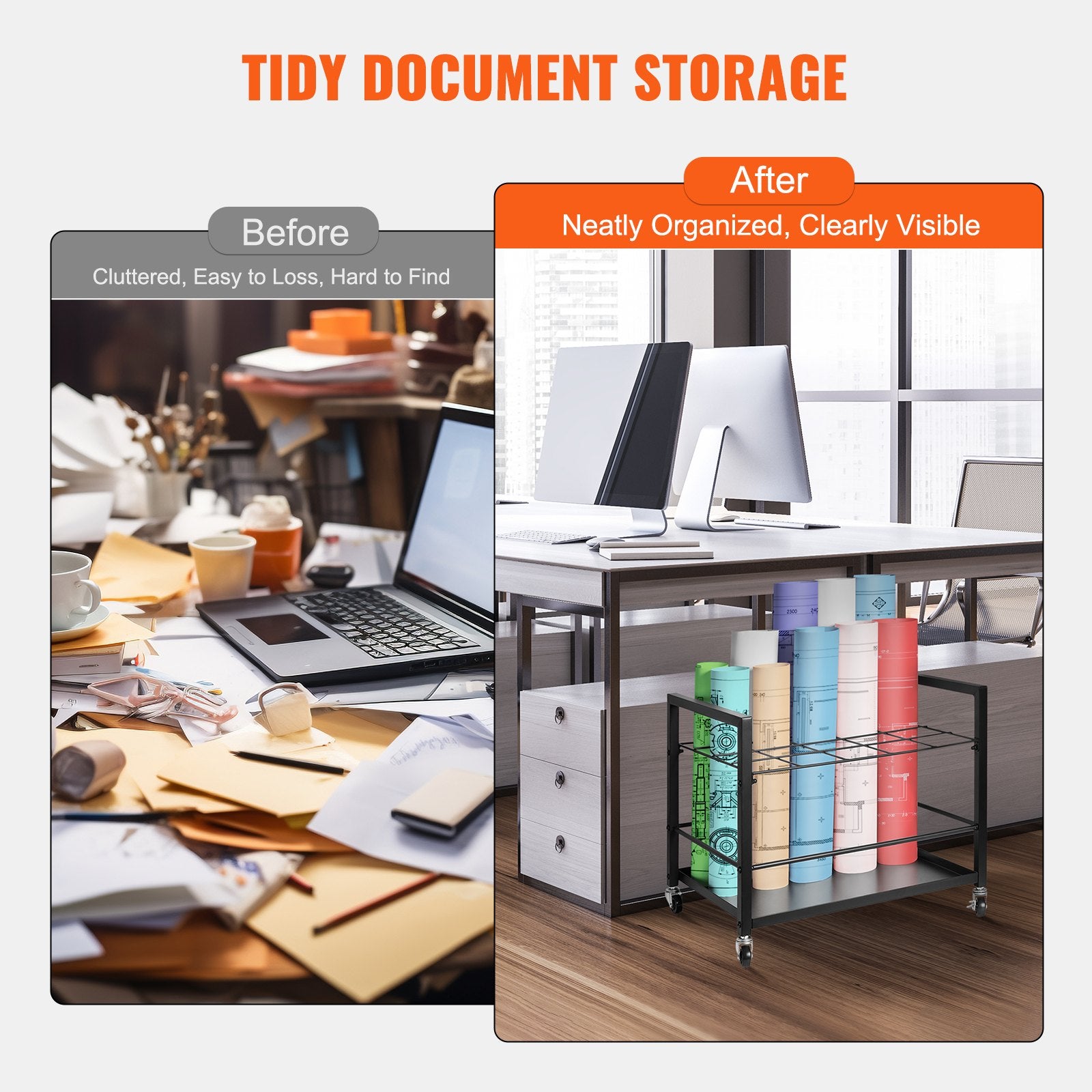 Blueprint Storage Rack 20-Slot Mobile Metal Holder with Wheels for Maps Posters