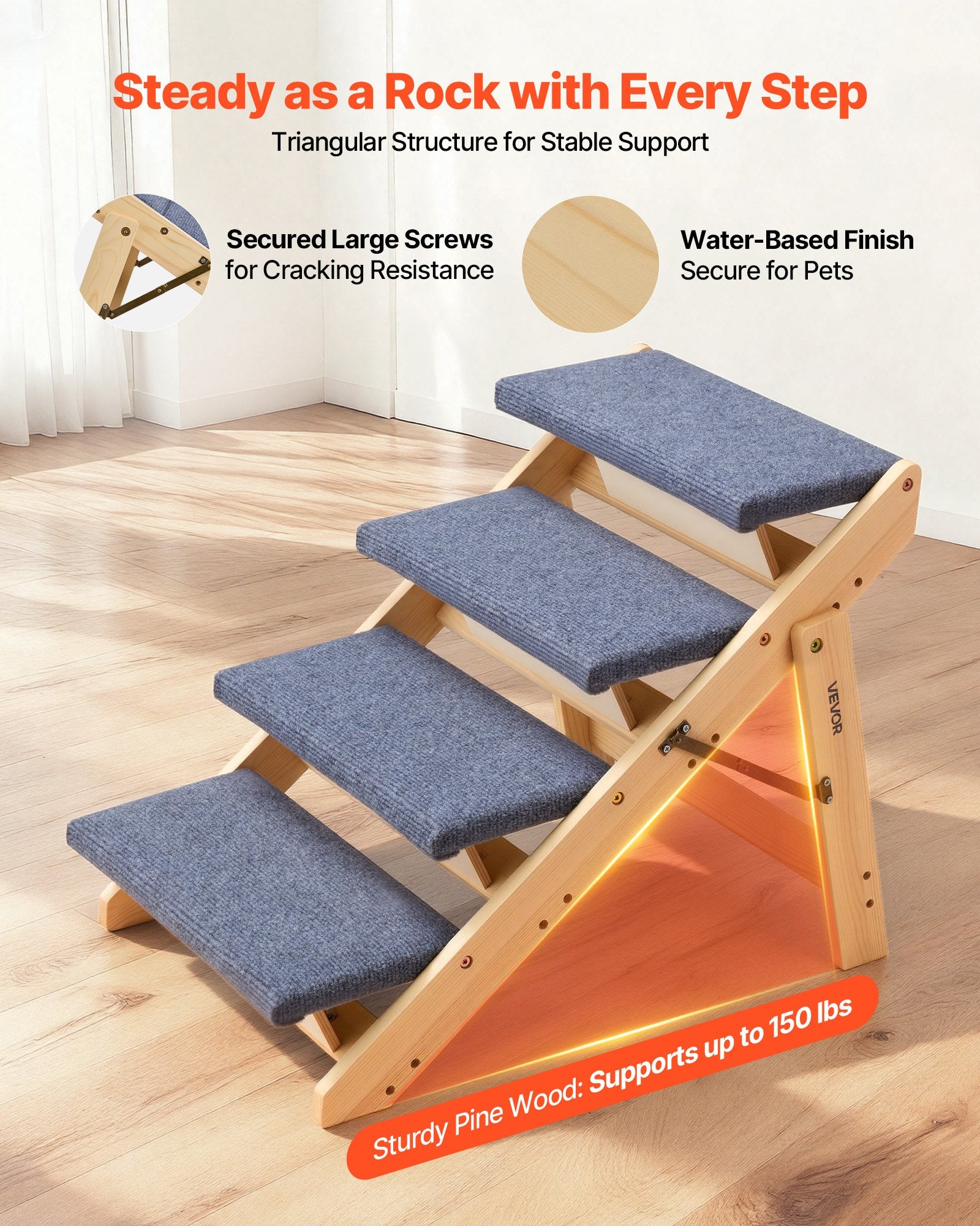 Wood Pet Stairs 4-Step for Beds Sofa Cars 68kg Load Stable Sturdy for Dogs Cats
