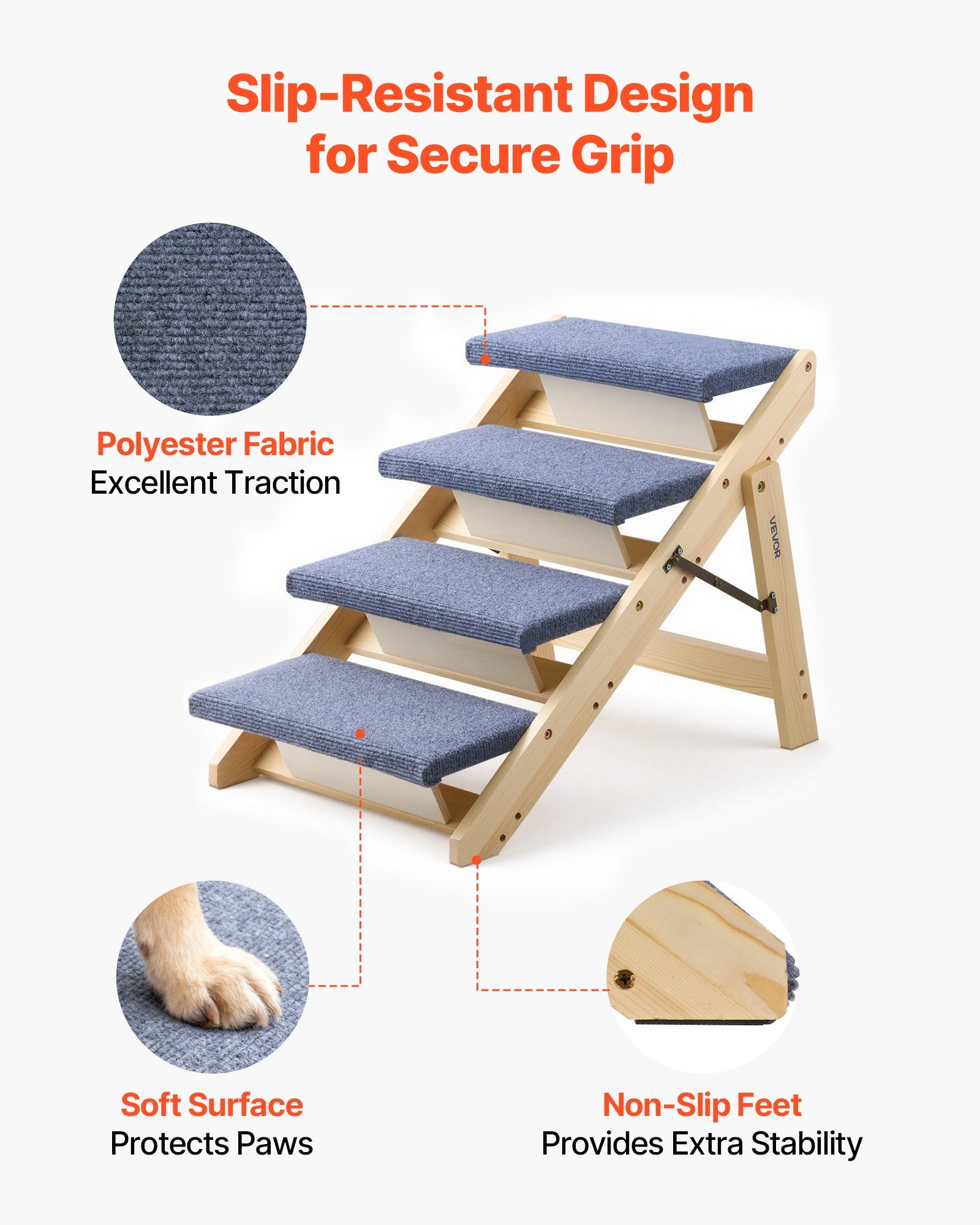 Wood Pet Stairs 4-Step for Beds Sofa Cars 68kg Load Stable Sturdy for Dogs Cats
