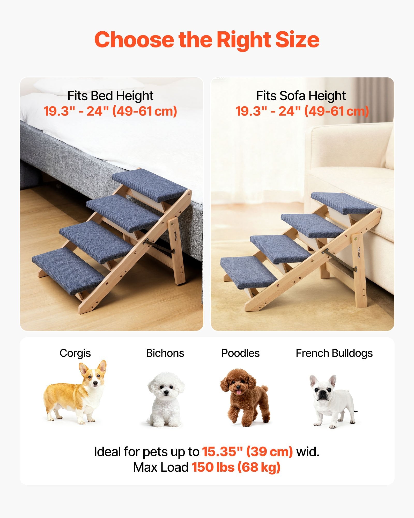 Wood Pet Stairs 4-Step for Beds Sofa Cars 68kg Load Stable Sturdy for Dogs Cats