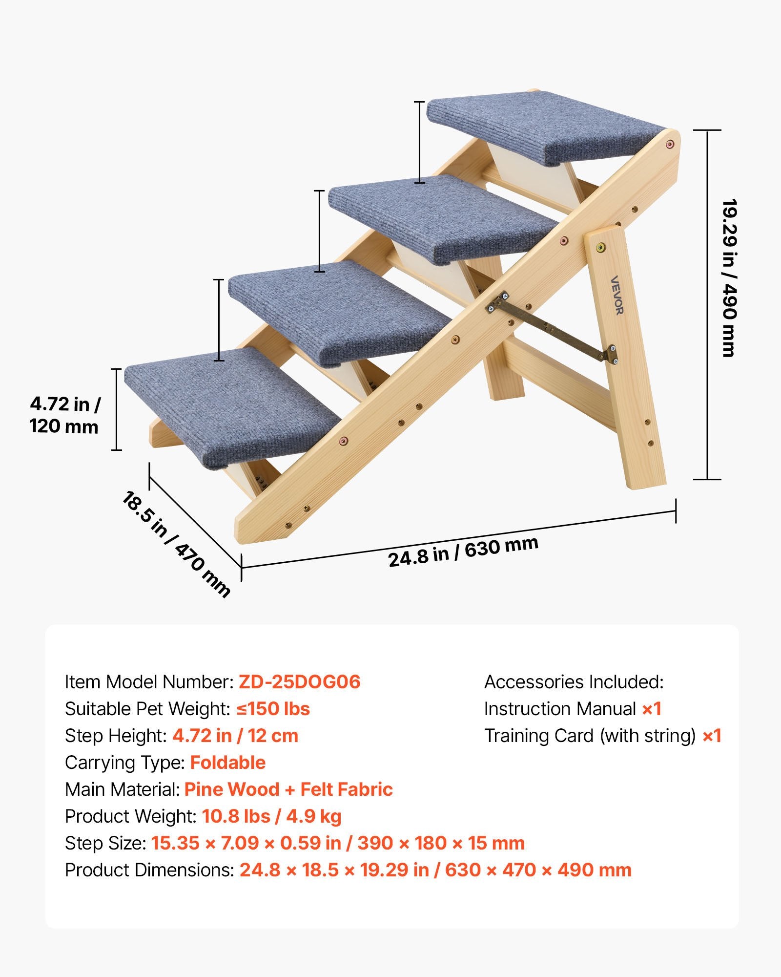 Wood Pet Stairs 4-Step for Beds Sofa Cars 68kg Load Stable Sturdy for Dogs Cats