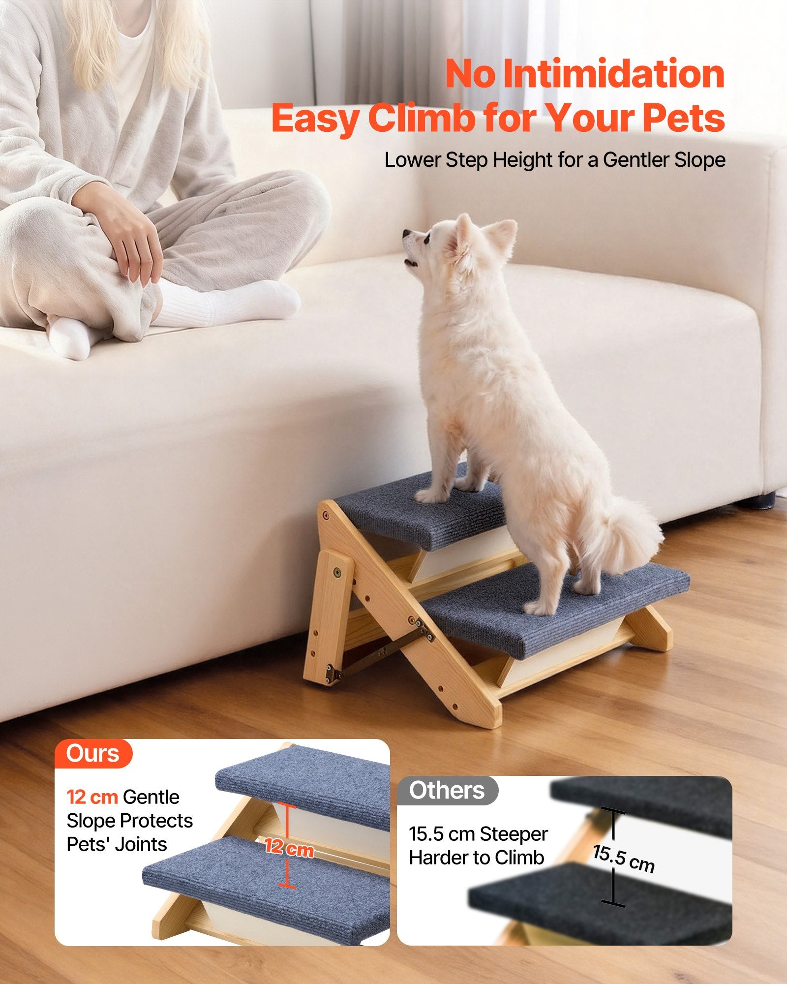 Wood Pet Stairs 2-Step for Beds Sofa Cars 50kg Load Stable Sturdy for Dogs Cats