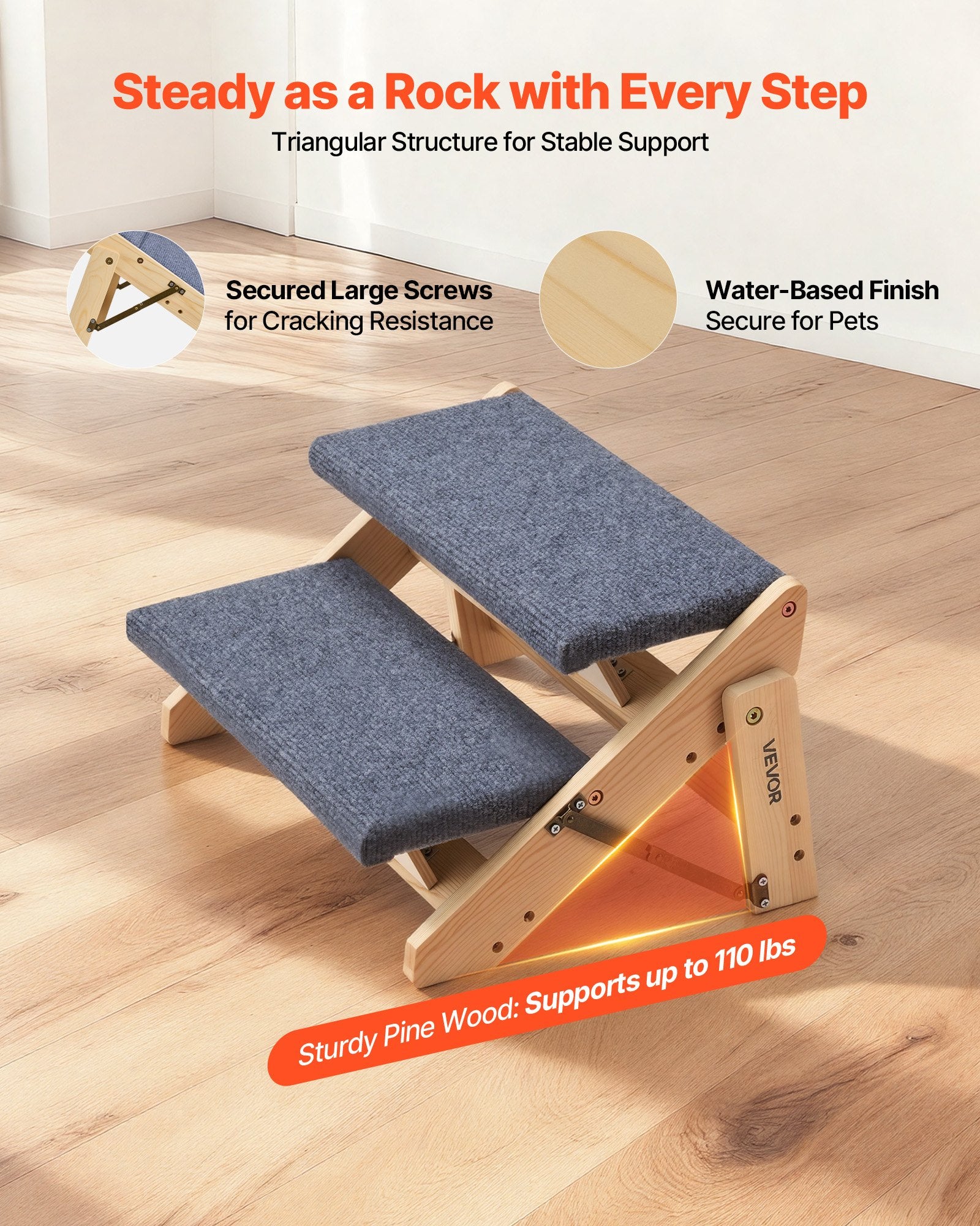 Wood Pet Stairs 2-Step for Beds Sofa Cars 50kg Load Stable Sturdy for Dogs Cats