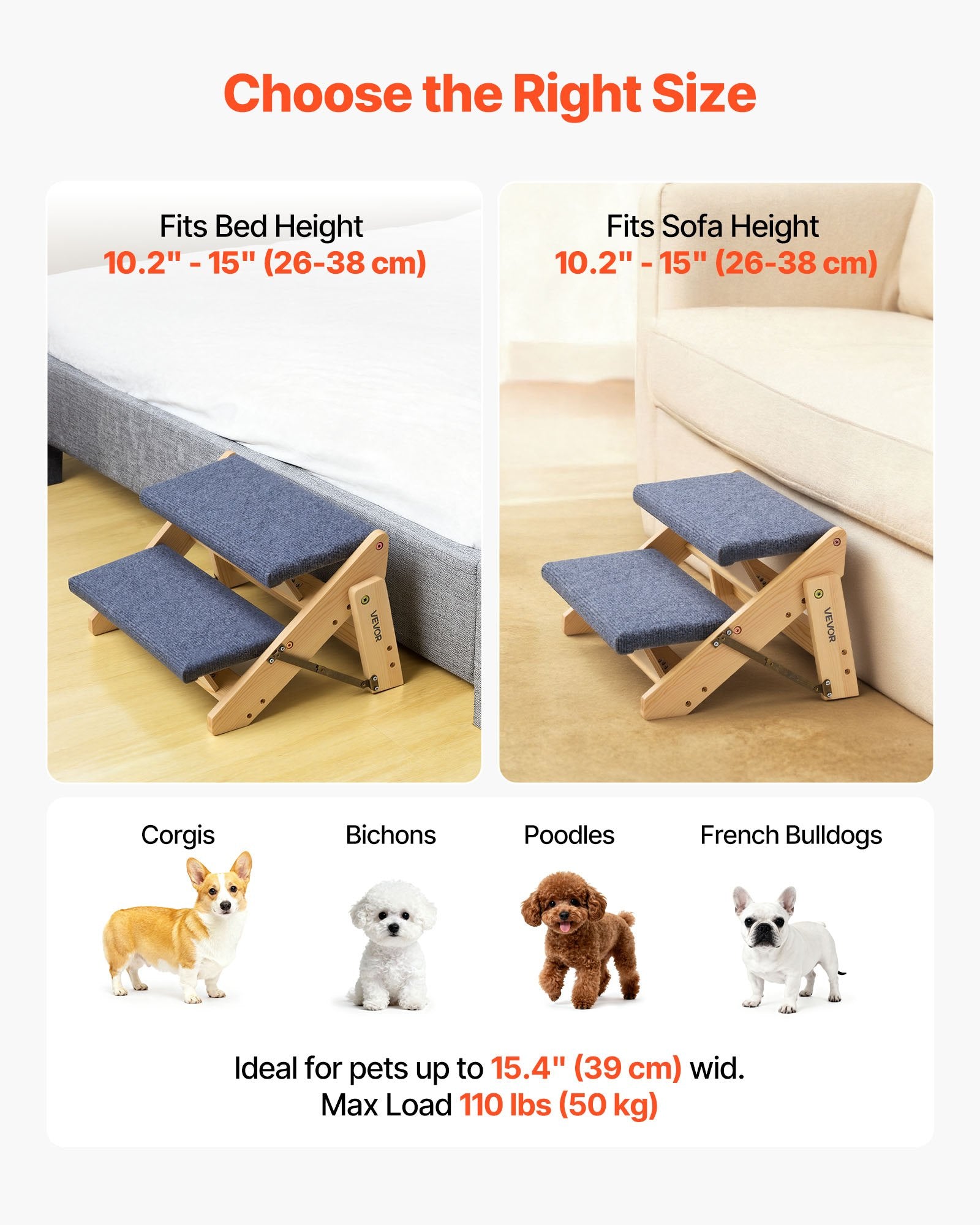 Wood Pet Stairs 2-Step for Beds Sofa Cars 50kg Load Stable Sturdy for Dogs Cats