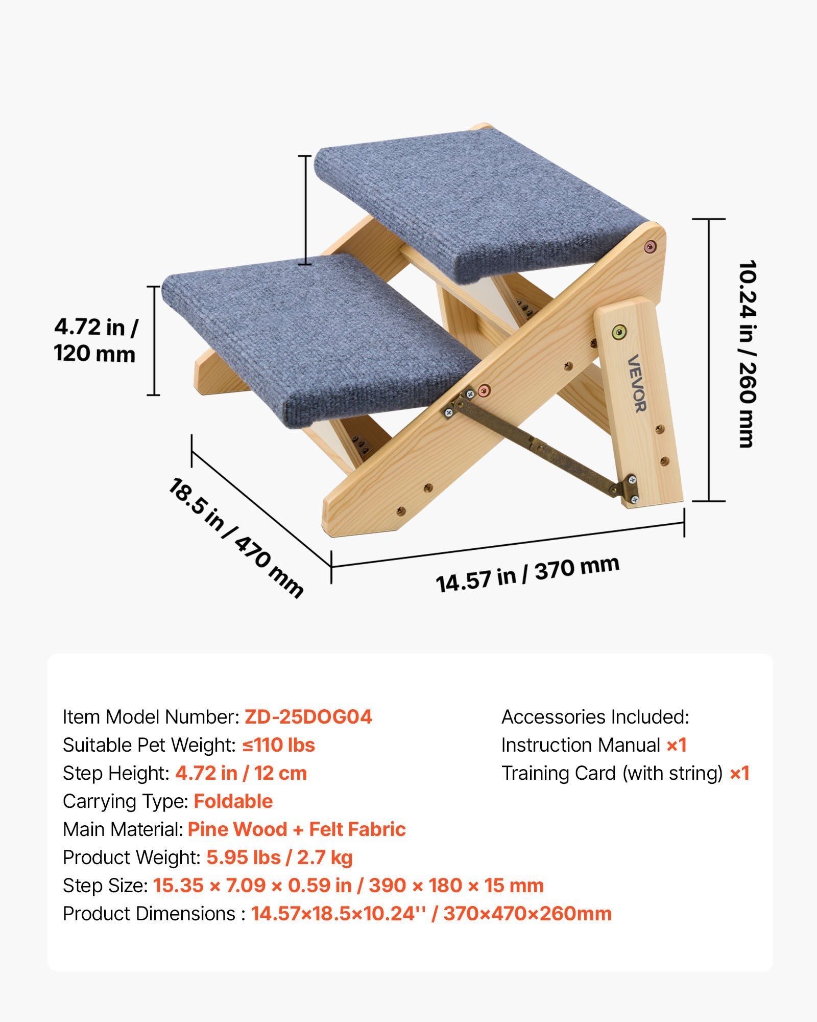 Wood Pet Stairs 2-Step for Beds Sofa Cars 50kg Load Stable Sturdy for Dogs Cats