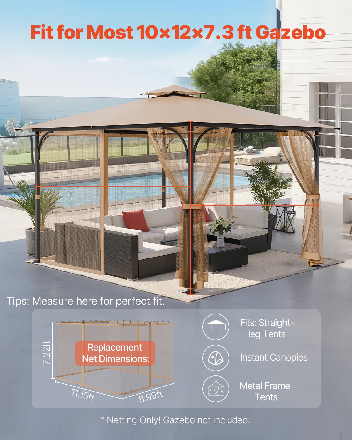 Gazebo Netting Replacement 10x12x7.3FT Outdoor 4-Panel Mesh Curtain Zipper