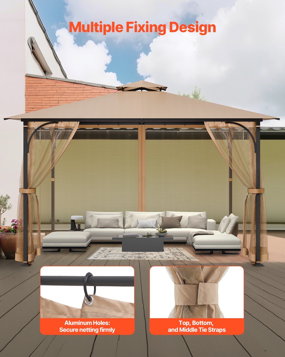 Gazebo Netting Replacement 10x12x7.3FT Outdoor 4-Panel Mesh Curtain Zipper
