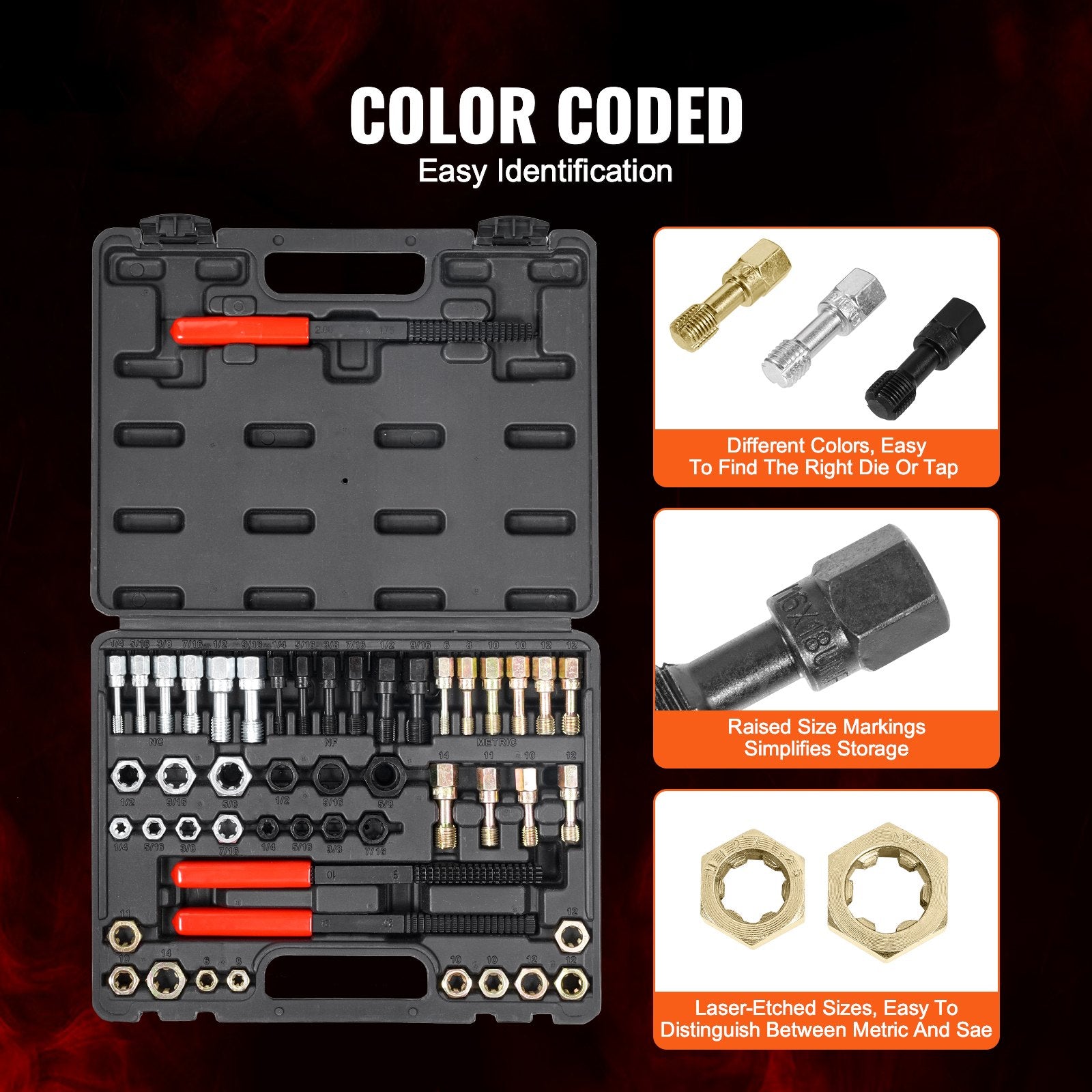 Thread Chaser Set 49-Piece UNC UNF Metric 22 Taps 24 Dies 3 Thread Files Case