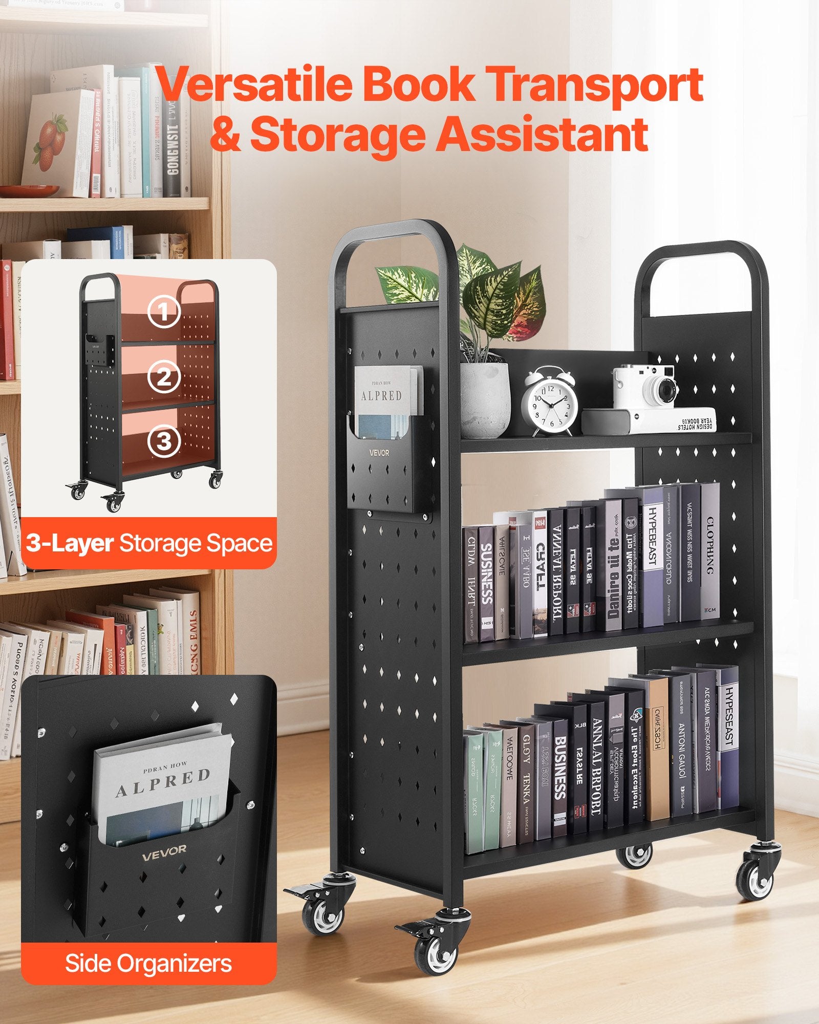 Rolling Library Book Cart 150kg, 77x38x122cm, Single-Sided L Shelves with Lockable Wheels