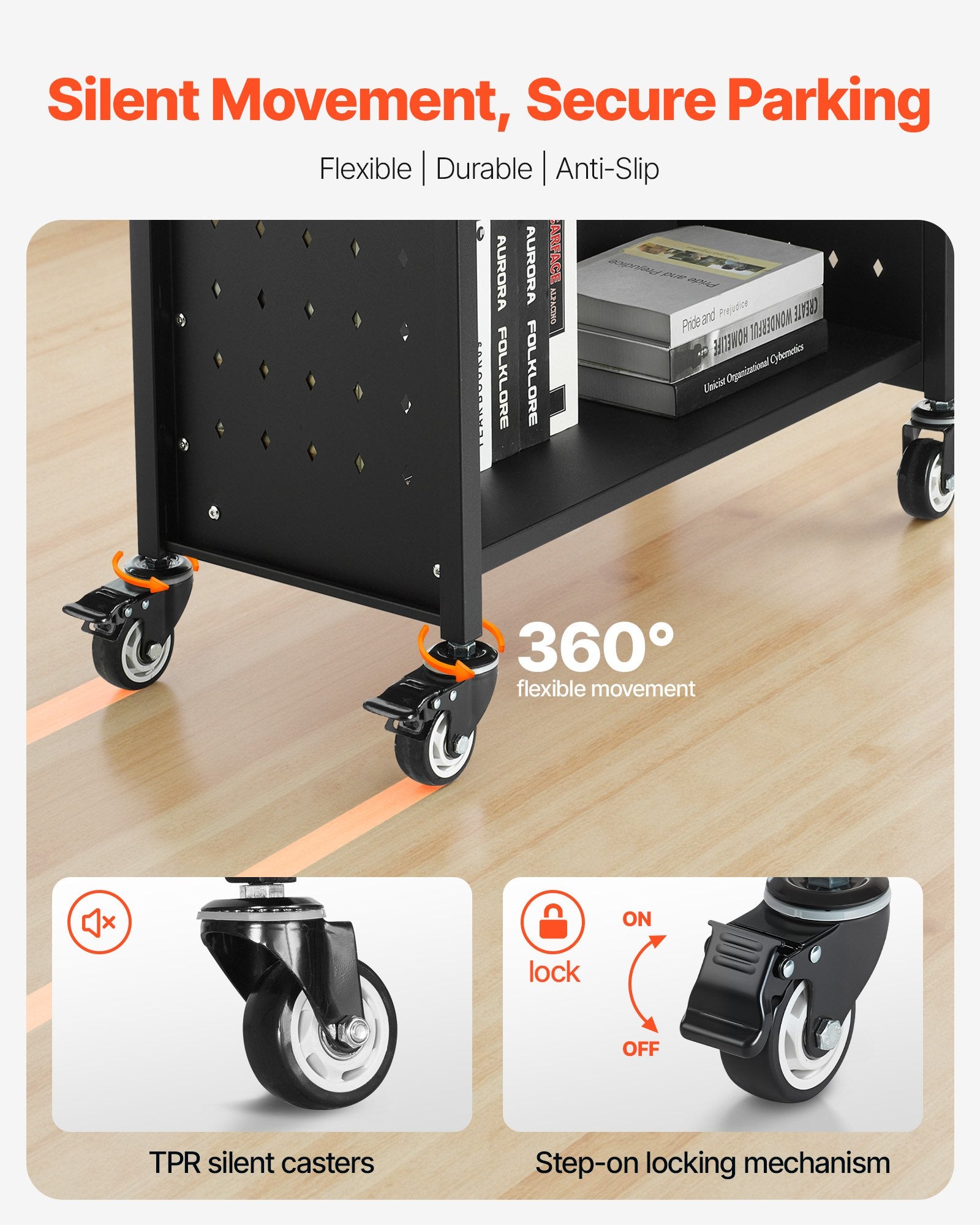 Rolling Library Book Cart 150kg, 77x38x122cm, Single-Sided L Shelves with Lockable Wheels