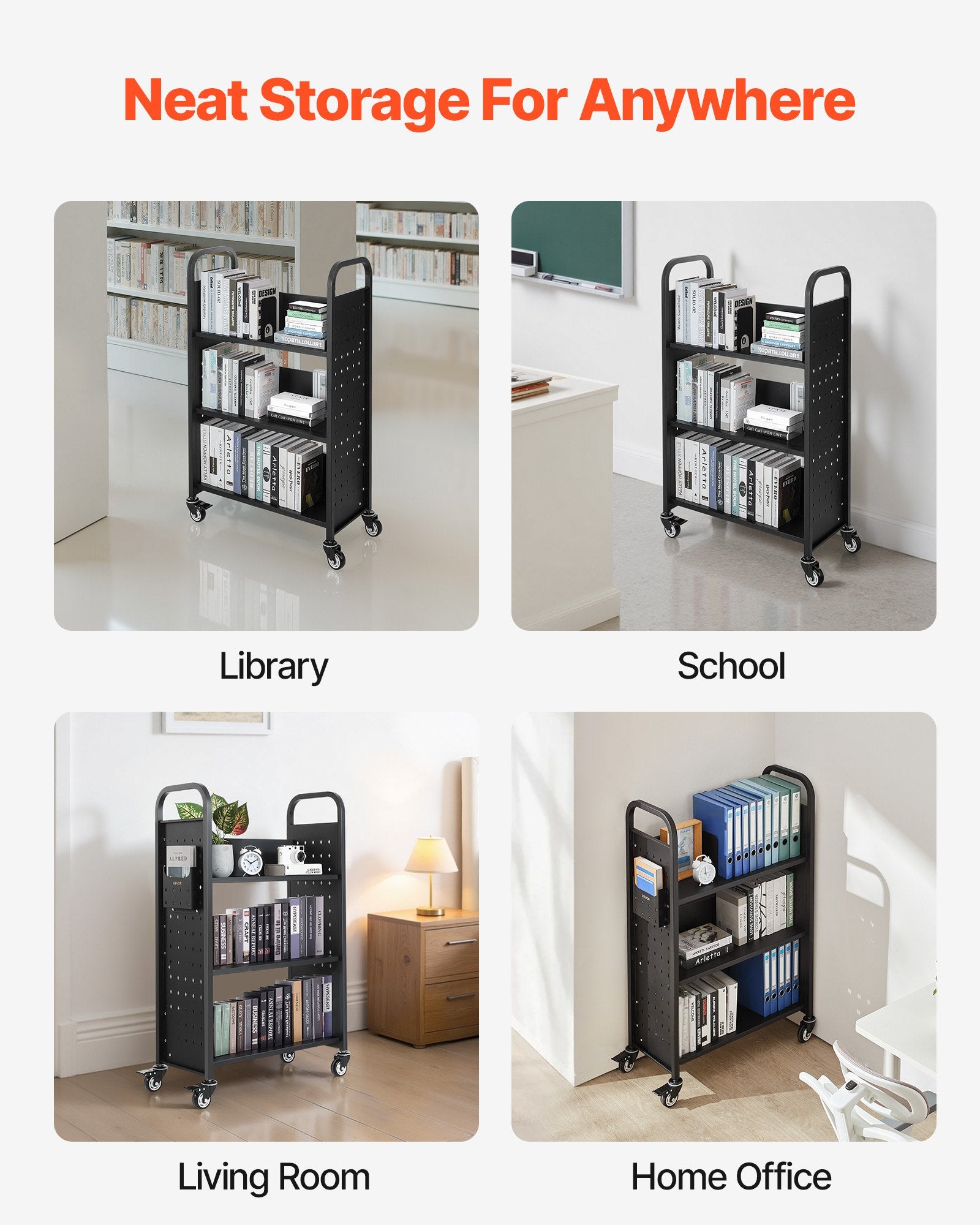 Rolling Library Book Cart 150kg, 77x38x122cm, Single-Sided L Shelves with Lockable Wheels