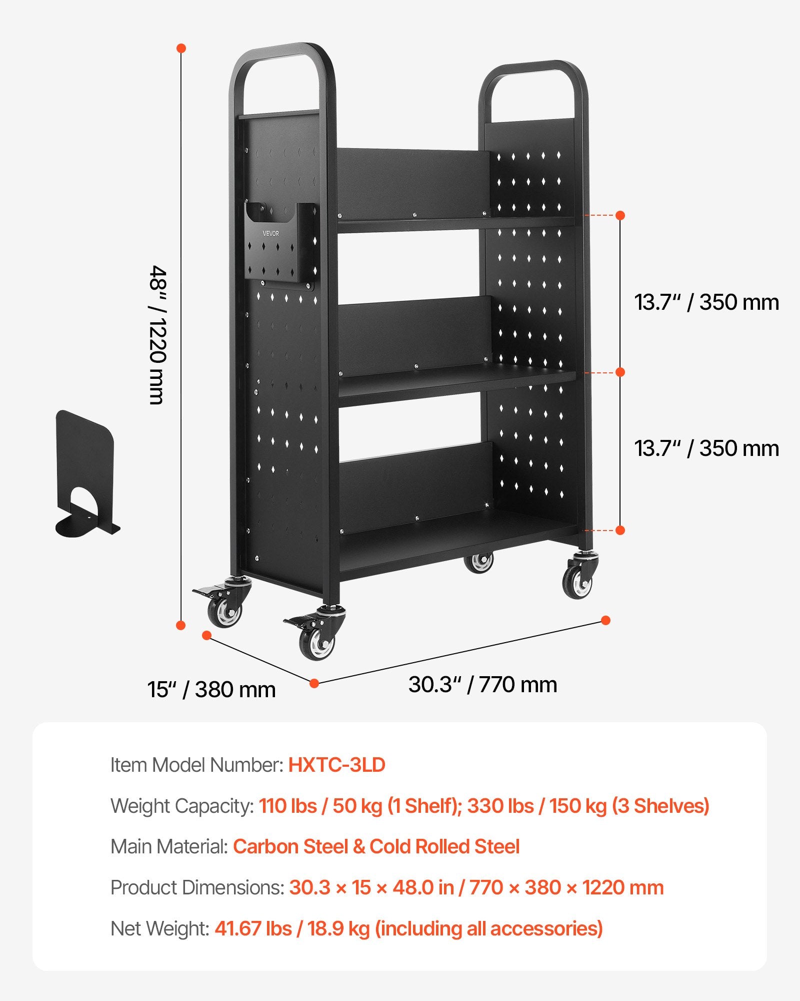 Rolling Library Book Cart 150kg, 77x38x122cm, Single-Sided L Shelves with Lockable Wheels