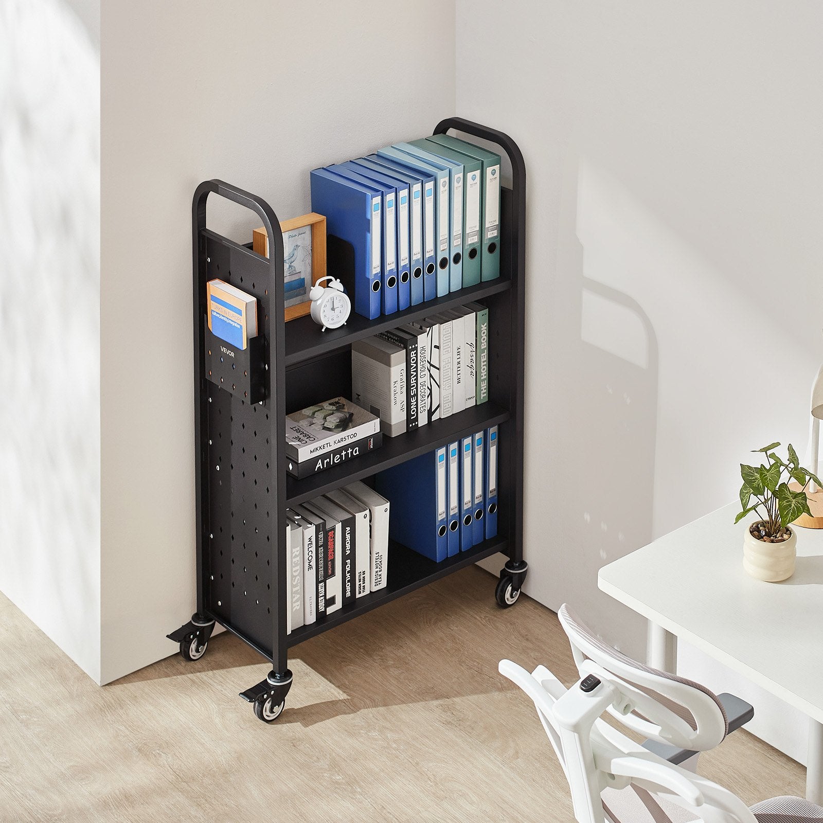 Rolling Library Book Cart 150kg, 77x38x122cm, Single-Sided L Shelves with Lockable Wheels