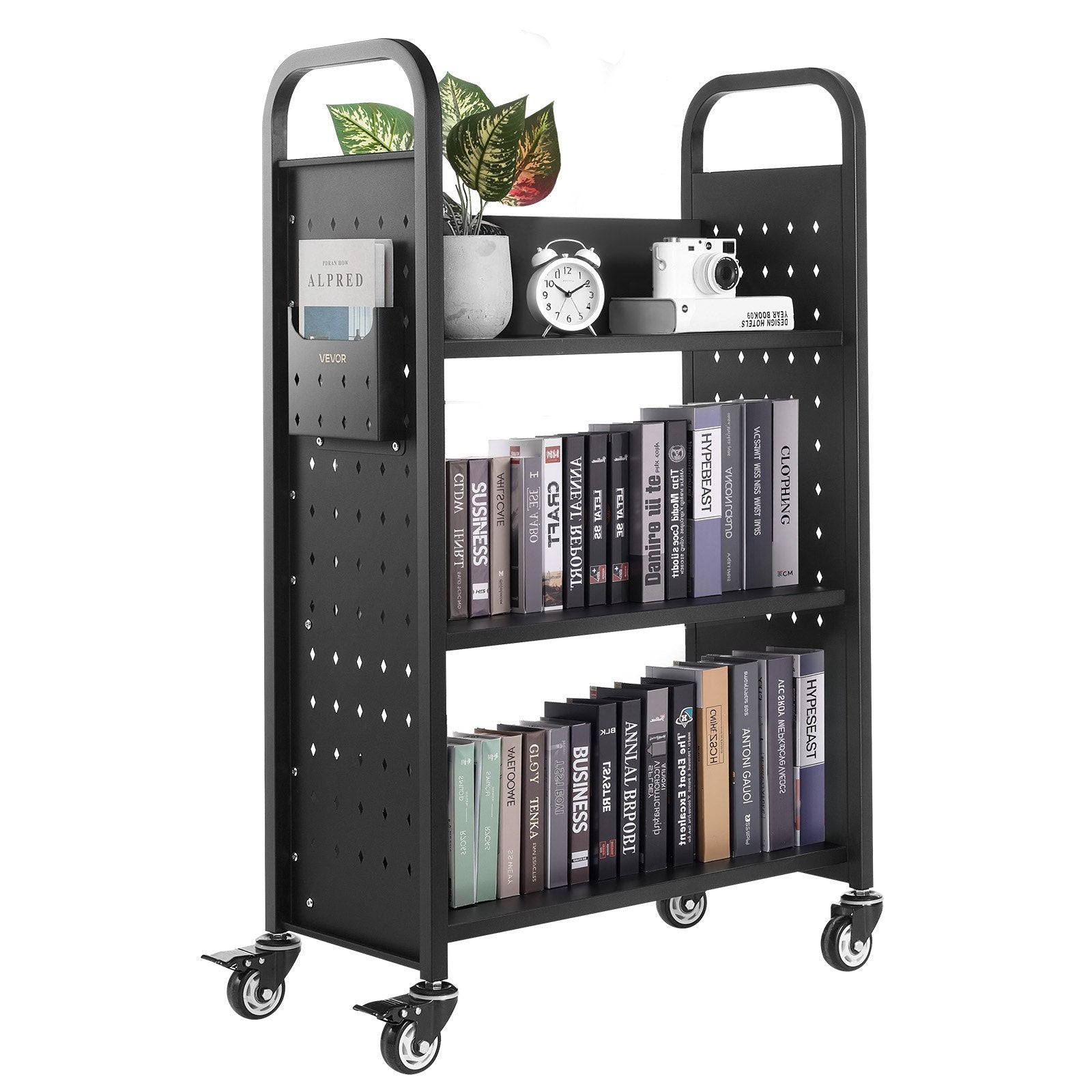 Rolling Library Book Cart 150kg, 77x38x122cm, Single-Sided L Shelves with Lockable Wheels