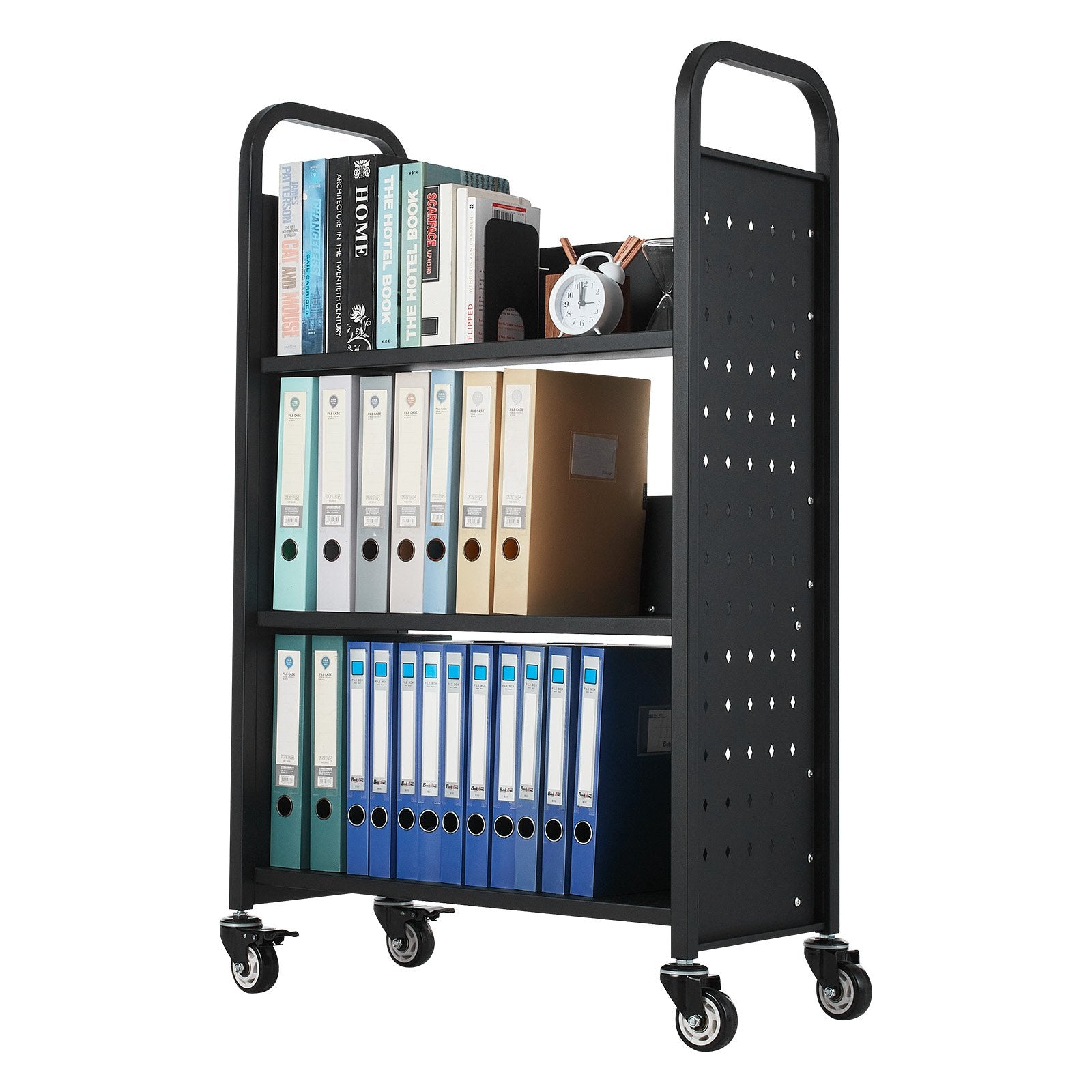 Rolling Library Book Cart 150kg, 77x38x122cm, Single-Sided L Shelves with Lockable Wheels