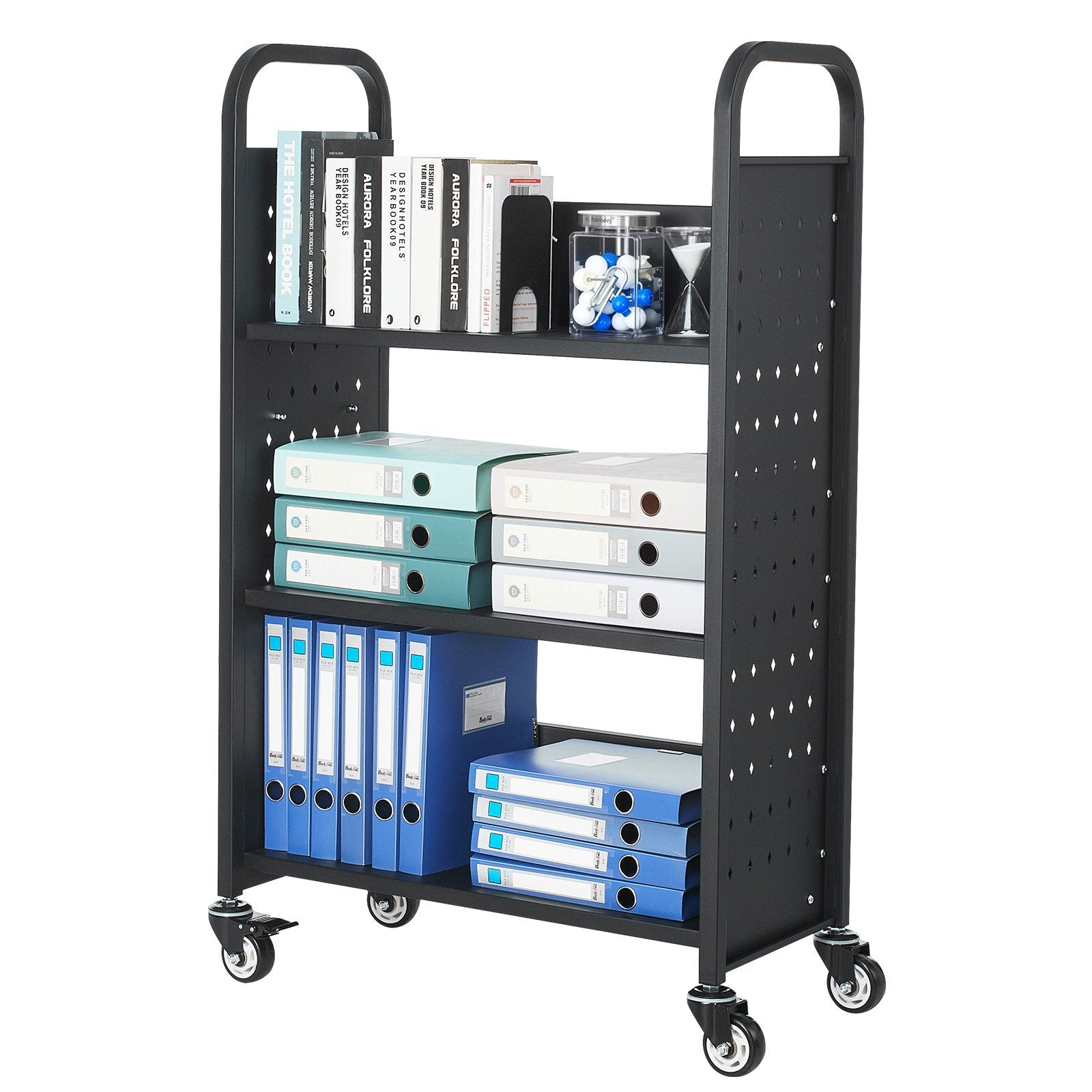Rolling Library Book Cart 150kg, 77x38x122cm, Single-Sided L Shelves with Lockable Wheels