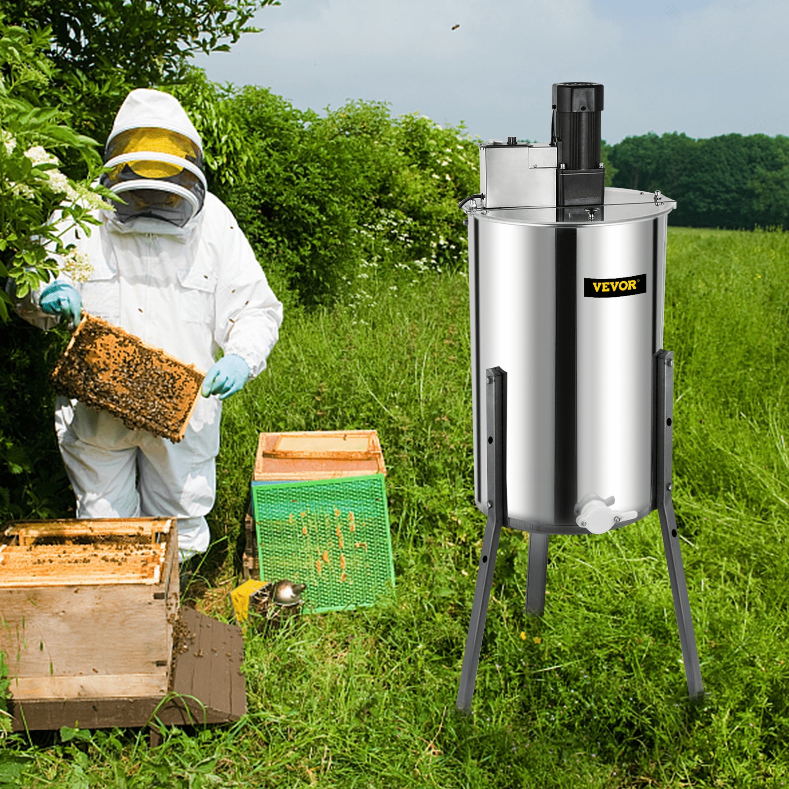 Electric Honey Extractor, 2 Frame Stainless Steel Bee Honeycomb Spinner Crank